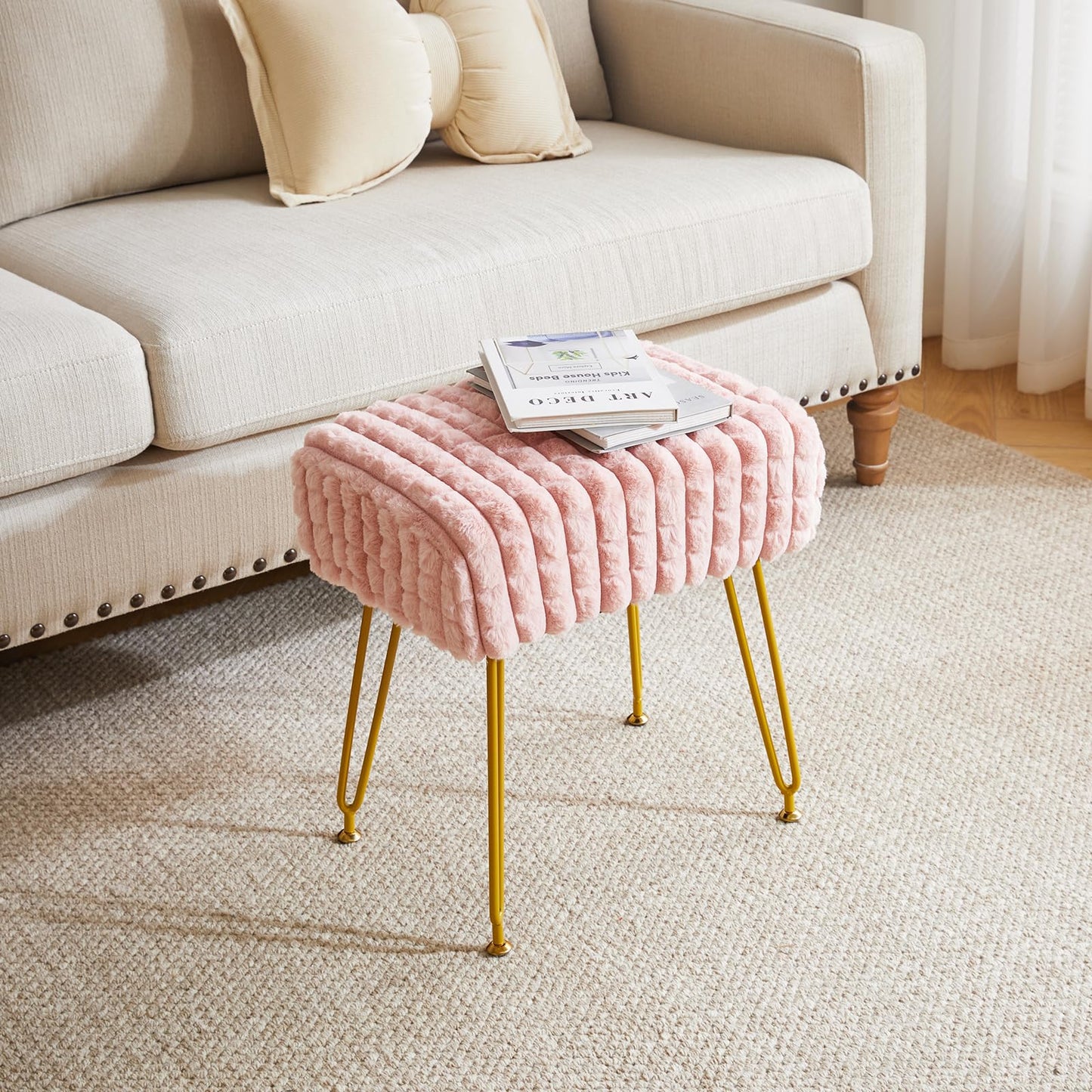 IBUYKE Rectangular Footrest Stool Ottoman, Makeup Vanity Stool Side Table, Velvet Dressing Table Seat, Footstool Chair, Golden Steel Legs, for Makeup Room, Bedroom, Square Grid Pattern, Pink WBD003P