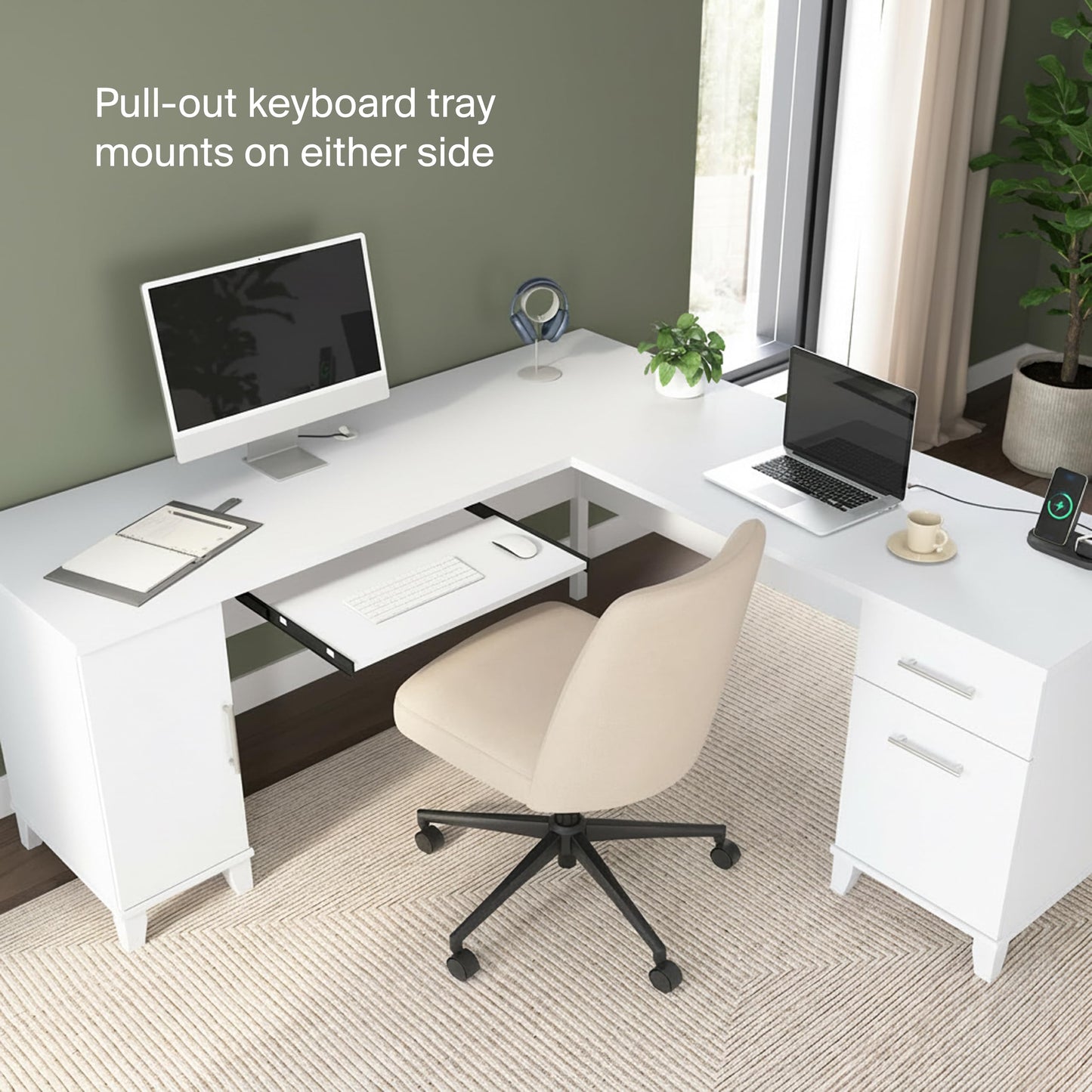 Bush Home 72-Inch L-Shaped Desk with Storage, Corner Computer Office Desk with File and Box Drawers, Home Office Workstation with Storage Cabinet, Somerset Collection, White