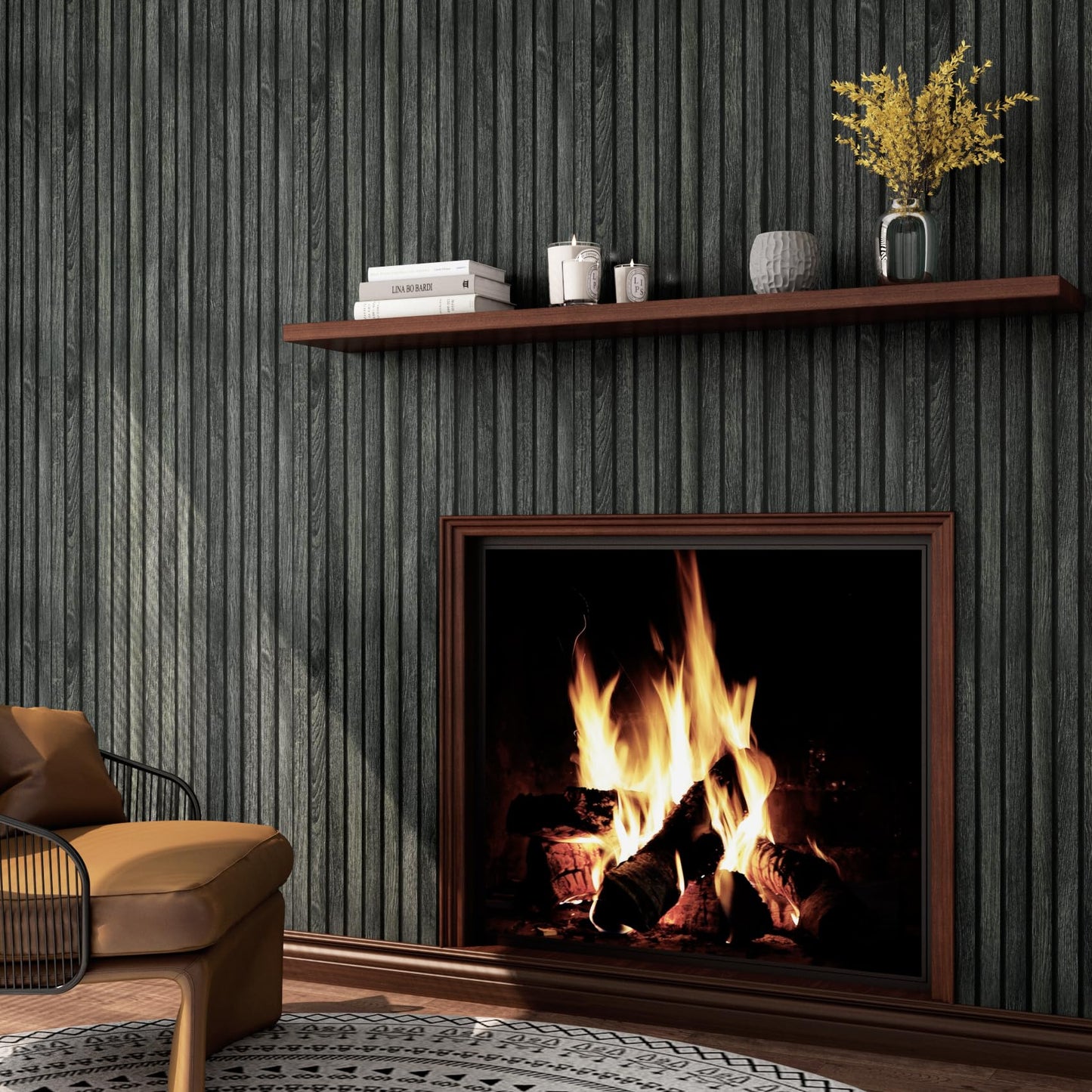 LACHEERY Black Wood Panel Wallpaper Peel and Stick 3D Wood Slat Wall Paper Black Wooden Slats Panels for Wall Cabinets Removable Contact Paper Self Adhesive Oak Slat Panel Roll Decorative 15.8"x80"