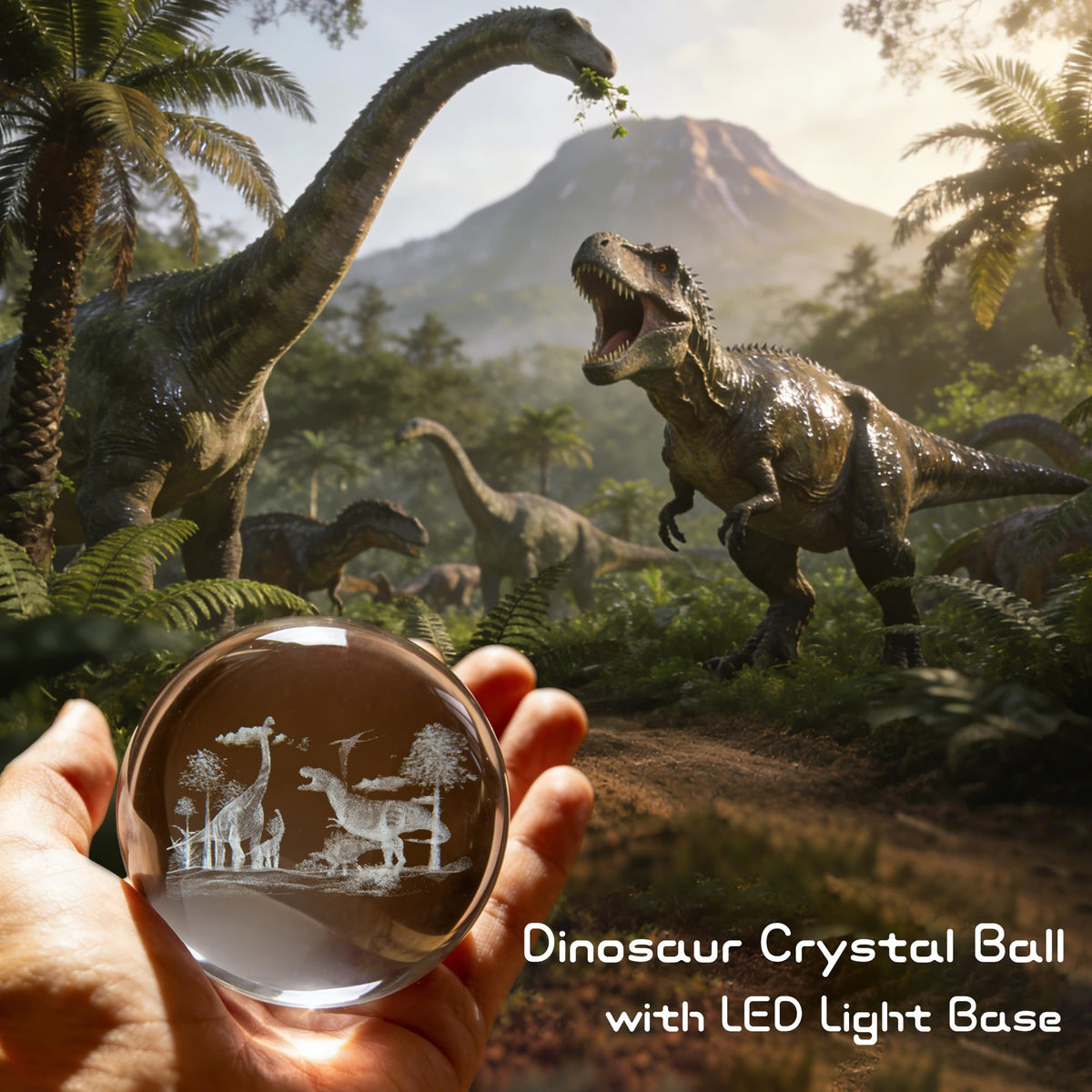 QIANCHANG 3D Dinosaur World Crystal Ball with LED Stand, 80mm Glass Sphere Night Light Lamp, Prehistoric Animal Crystal Figurines Collectibles, Dinosaur Lover Gifts for Kids & Adults