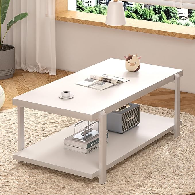 FOLUBAN White Coffee Table, Modern Rustic Wood and Metal Center Table