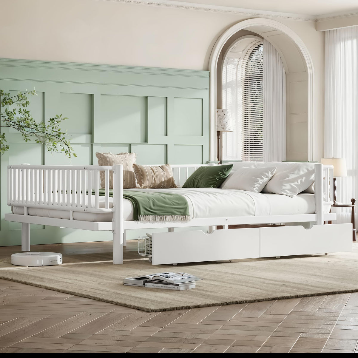 KEIKI Queen Size Metal Platform Bed Frame with 2 Storage Drawers, Modern Daybed with Strong Metal Slats & Upgraded Safety Round-Pipe Design, No Box Spring Needed, Easy Assembly, for Bedroom, White