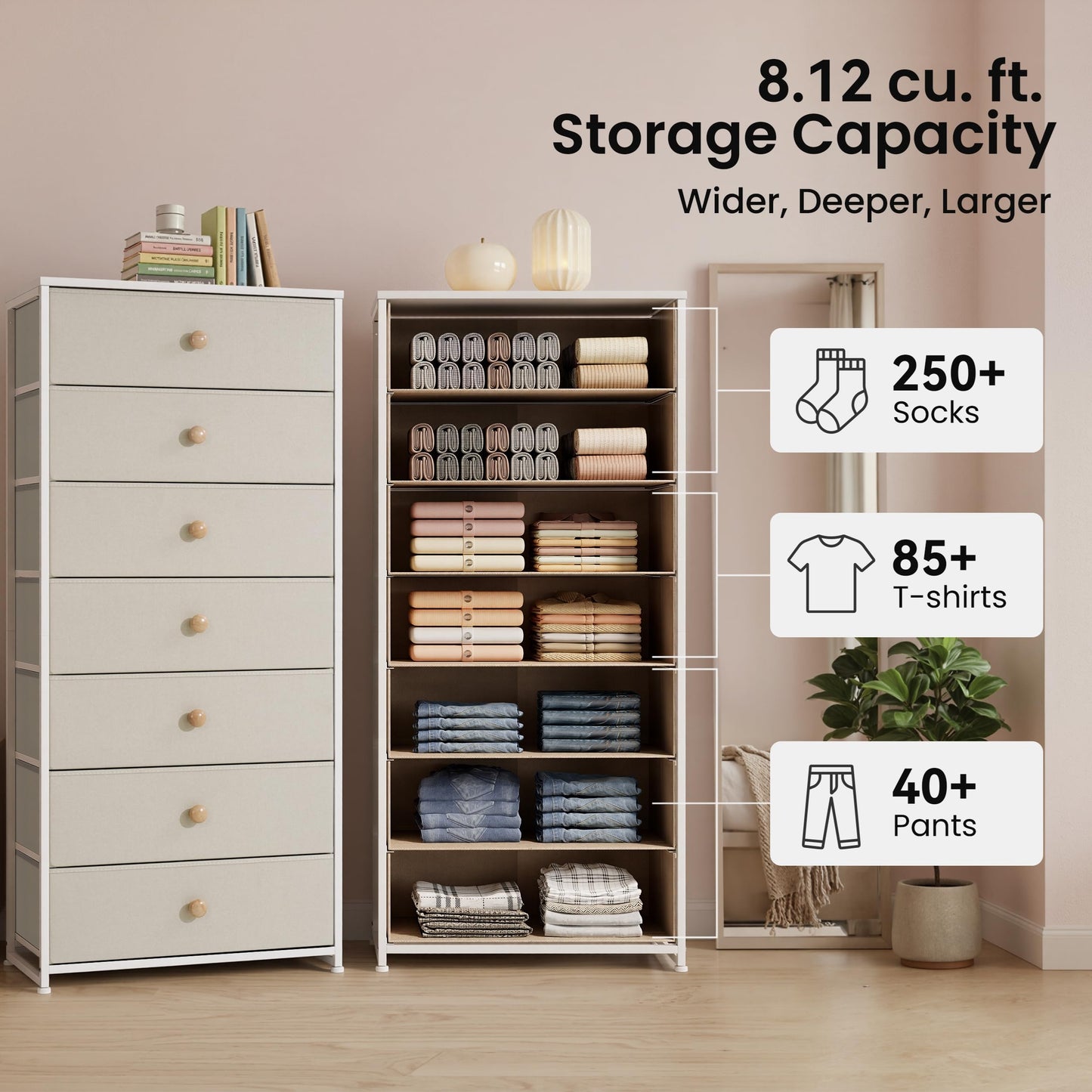 Crestlive Products Tall Dresser, 7-Drawer Wide Fabirc Storage Tower, Chests of Drawers - Vertical Organizer Unit for Bedroom, Hallway, Entryway, Nursery, Wood Top, Closets with Handles (Beige)