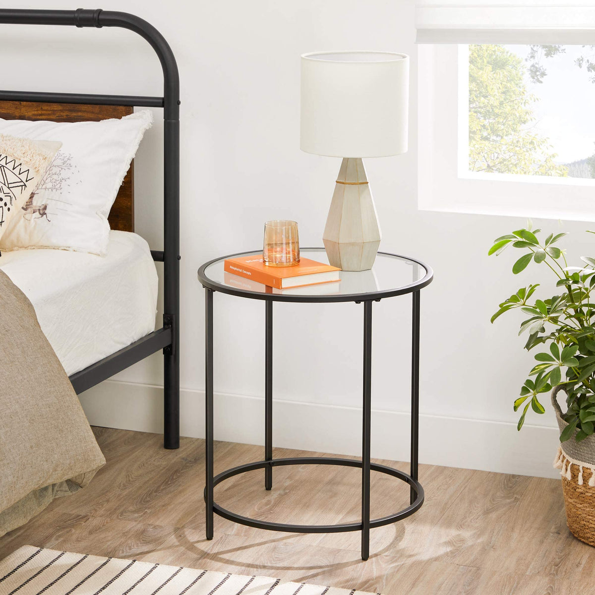 VASAGLE Round Side Table, Glass End Table with Metal Frame, Black Coffee Table with Modern Style, for Living Room, Balcony, Bedroom, Black