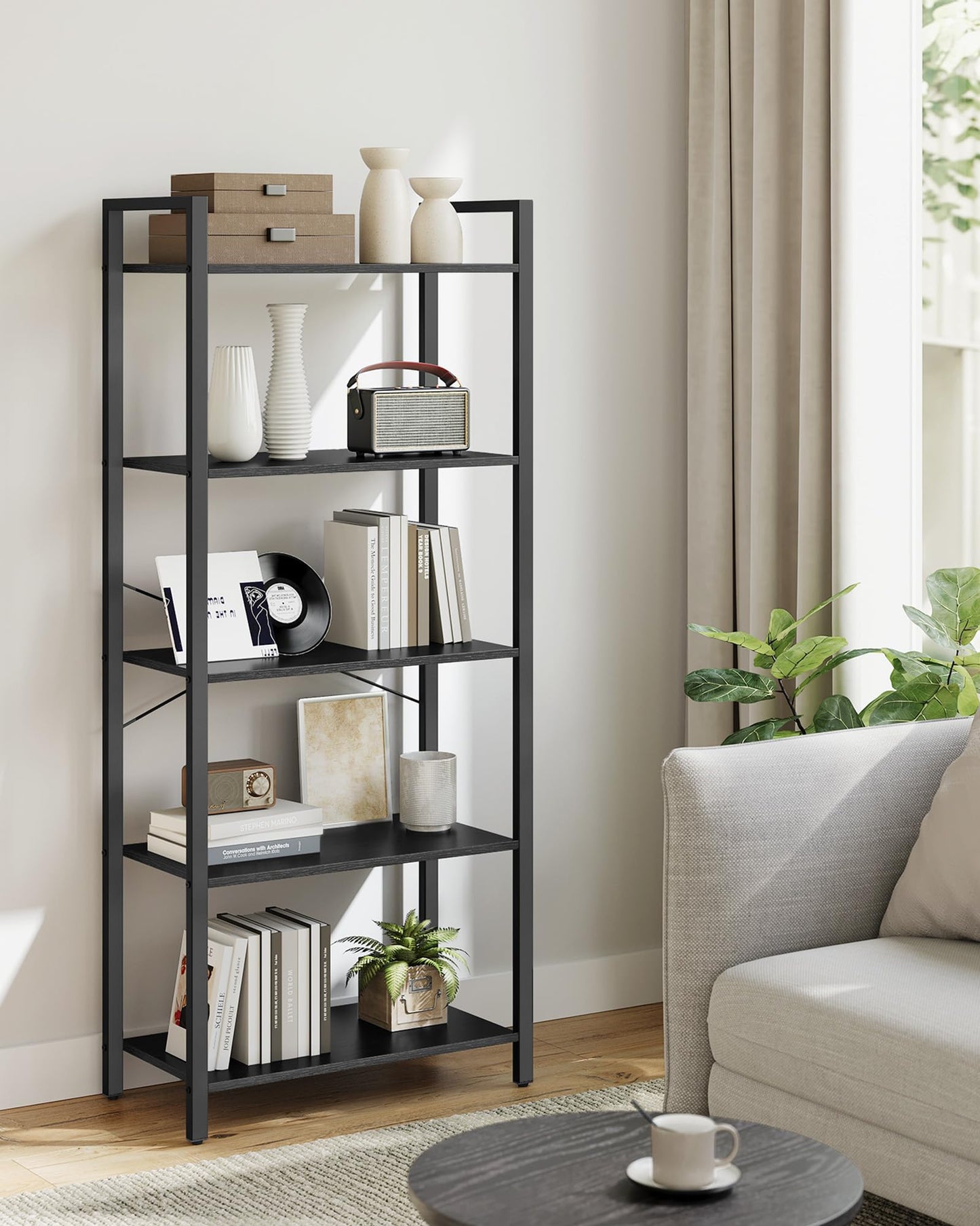 VASAGLE 5-Tier Bookshelf, Bookcase with Steel Frame, Book Shelf for Living Room, Home Office, Study, 11.8 x 26 x 60.2 Inches, Industrial Style, Ebony Black and Ink Black ULLS061B56