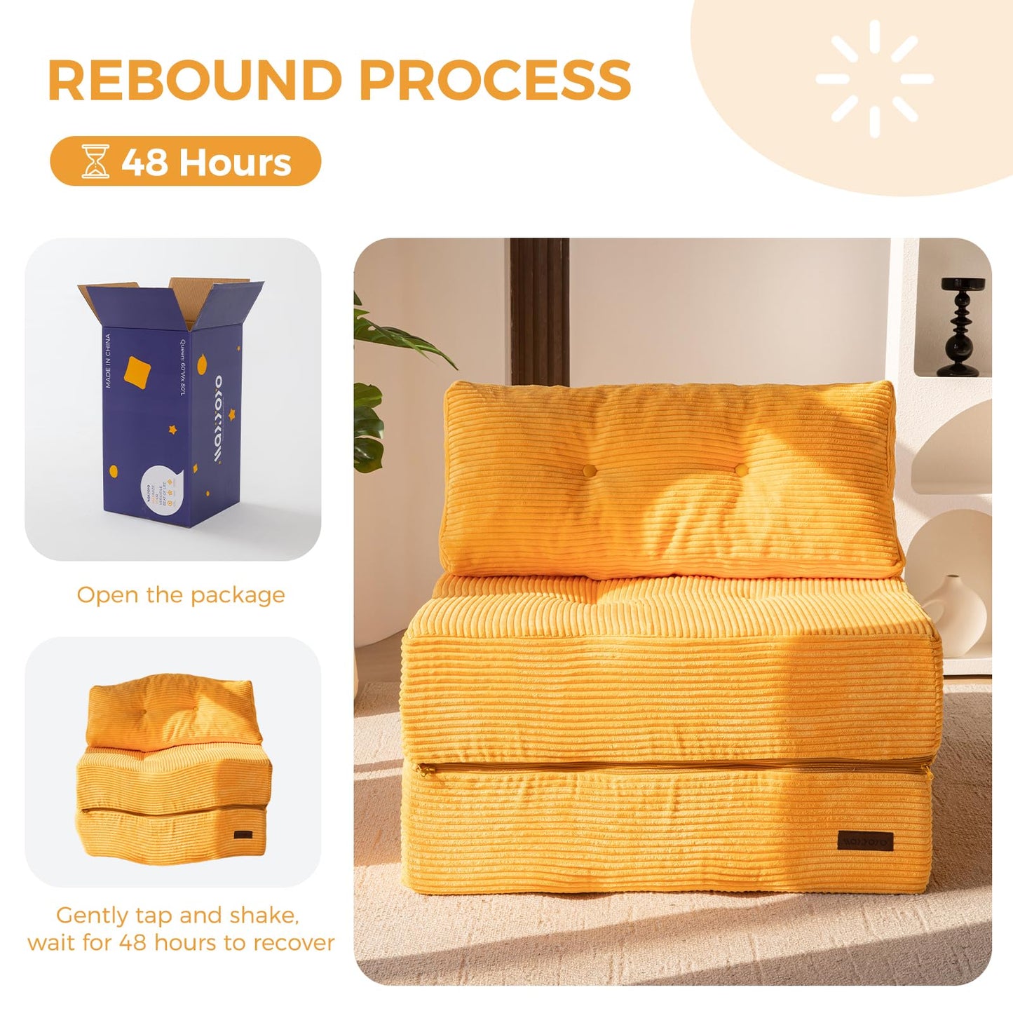 MAXYOYO Folding Sofa Bed, Convertible Sofa Bed with High-Density Support Foam, Portable 4 in 1 Fold Out Chair to Floor Lounger, Versatile Floor Couch for Living Room Bedroom, Orange