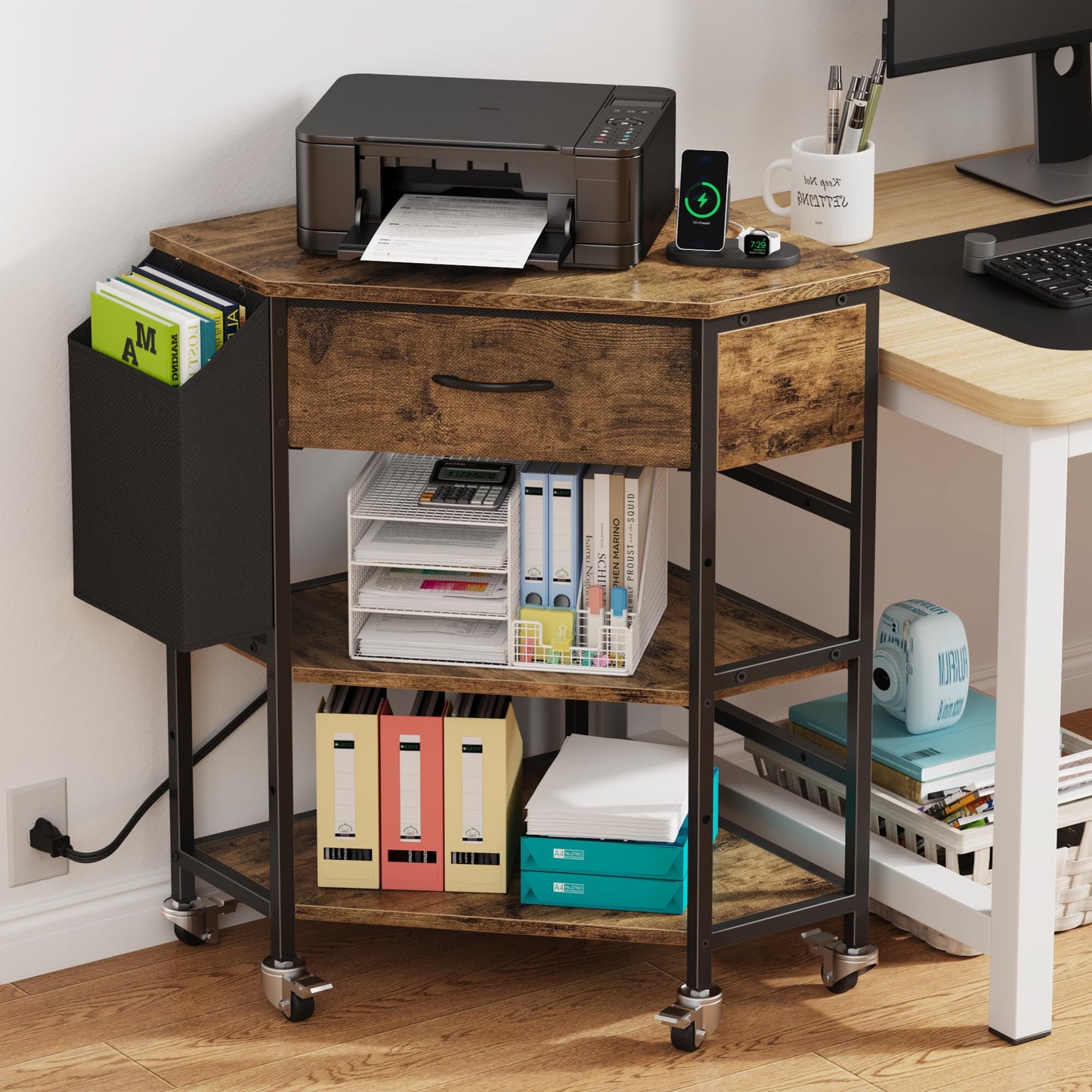 YAOHUOO Corner Printer Stand, Corner Table with Power Outlet/Storage Fabric Drawer，Printer Cart for Home Office with Height Adjustable Shelf/Side Pocket, Rustic Brown