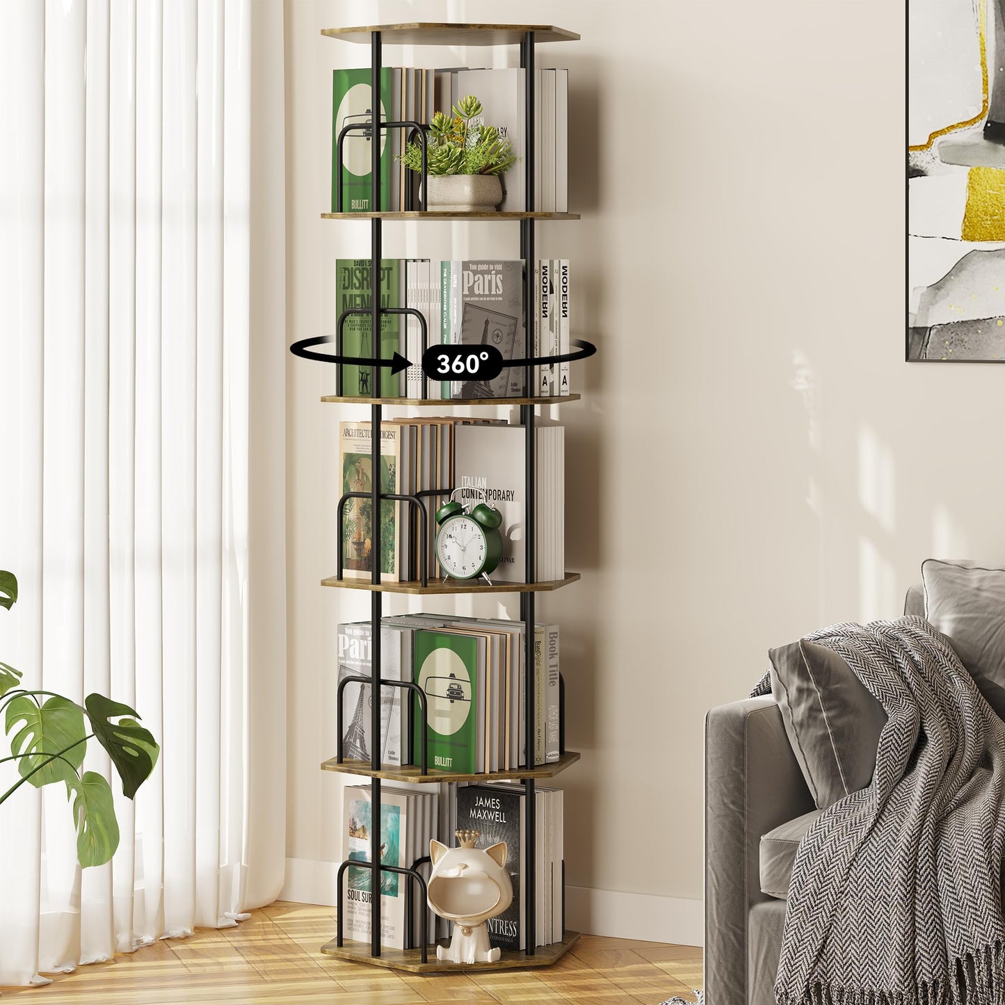 SUNMORY 5 Tier Rotating Bookshelf Tower, Revolving 360 ° Spinning Bookcase, Hexagonal Corner Book Shelf Storage Carousel, Vertical Rotate Turning Organizer Book Shelves for Living Room Office Bedroom