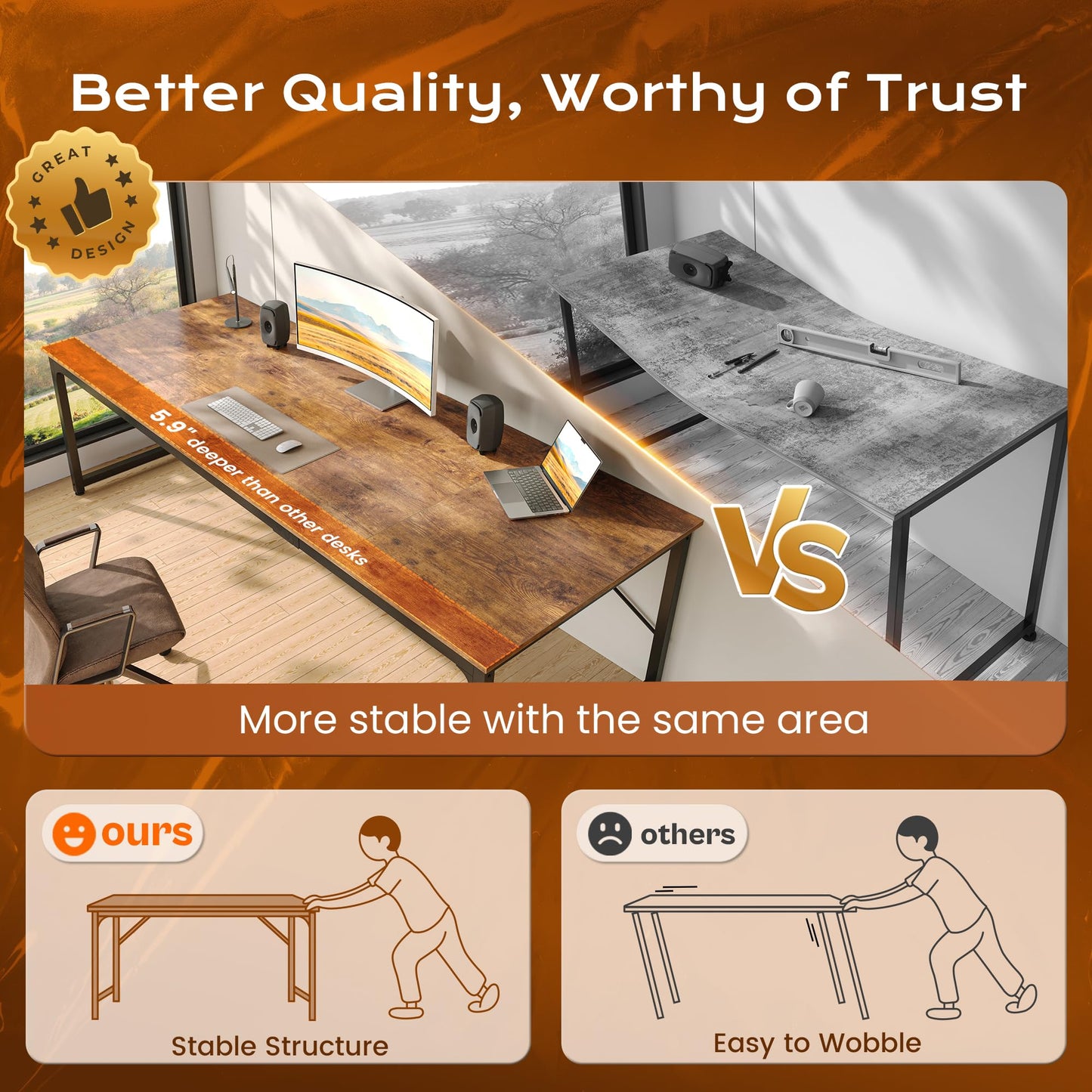 PRAISUN 63 X 29.5 Inch Computer Desk with Deeper Desktop, Gaming Office Writing Work Desk for Home Office, Study, Bedroom, Work from Home, Metal Frame, Rustic Brown
