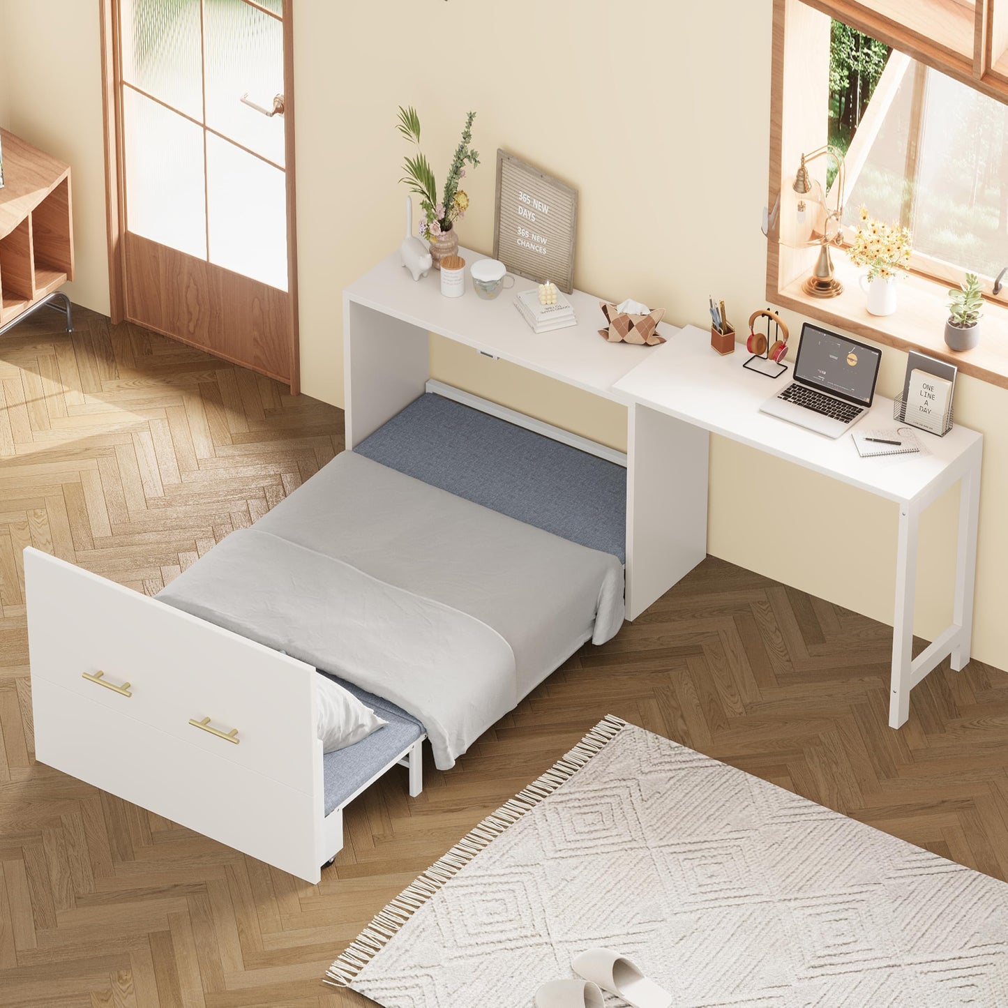 HECATEVIC Twin Size Murphy Bed with Desk, Space Saving Wall Bed with Foldable Mattress, Sturdy Metal Frame, for Bedroom, Apartment, Guest Room, Home Office, White