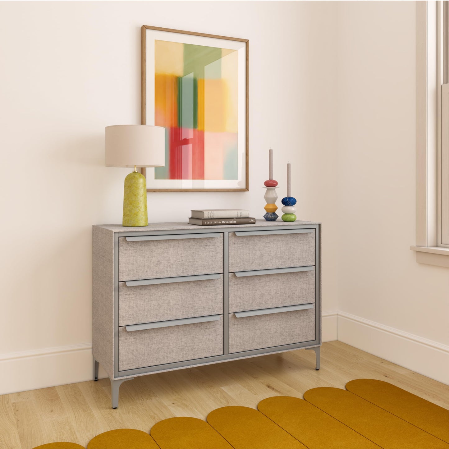 tinge Naima Premium 6 Drawer Fabric Dresser - Heavy Duty Metal Frame with Sag-Proof Storage Drawers for Clothes - Durable Silver Bedroom Chest & Sleek Metal Handles
