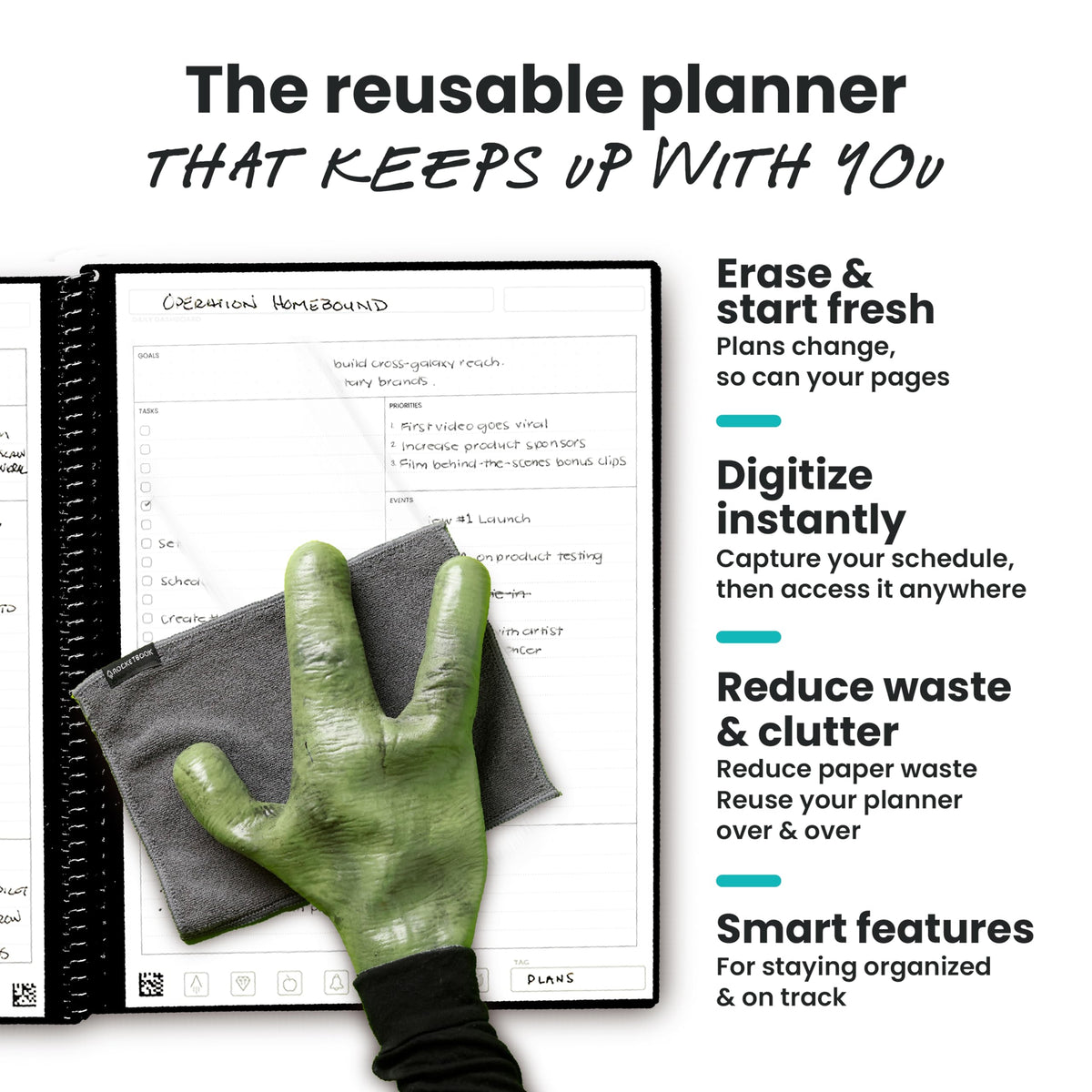 Rocketbook Flex Reusable Planner, Smart Undated, Daily, Weekly, Monthly, Annual Calendar Templates, Letter Size 8.5x11, Teal (Pack of 1)
