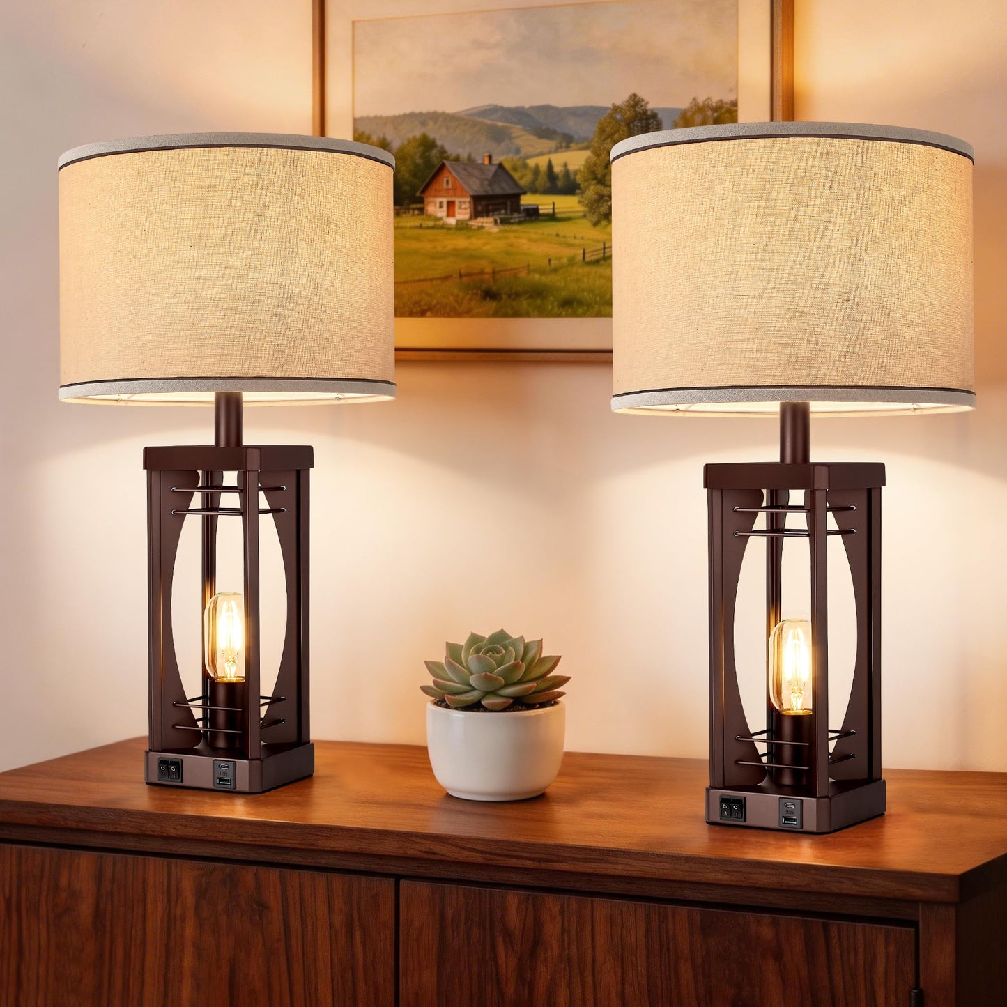 SRJJA Farmhouse Table Lamps Set of 2 for Living Room, Rustic Bedside Nightstand Lamps with USB A+C Charging Ports, 22.5" Dual Light Industrial Table Lamp with Linen Shade for Bedroom End Tables