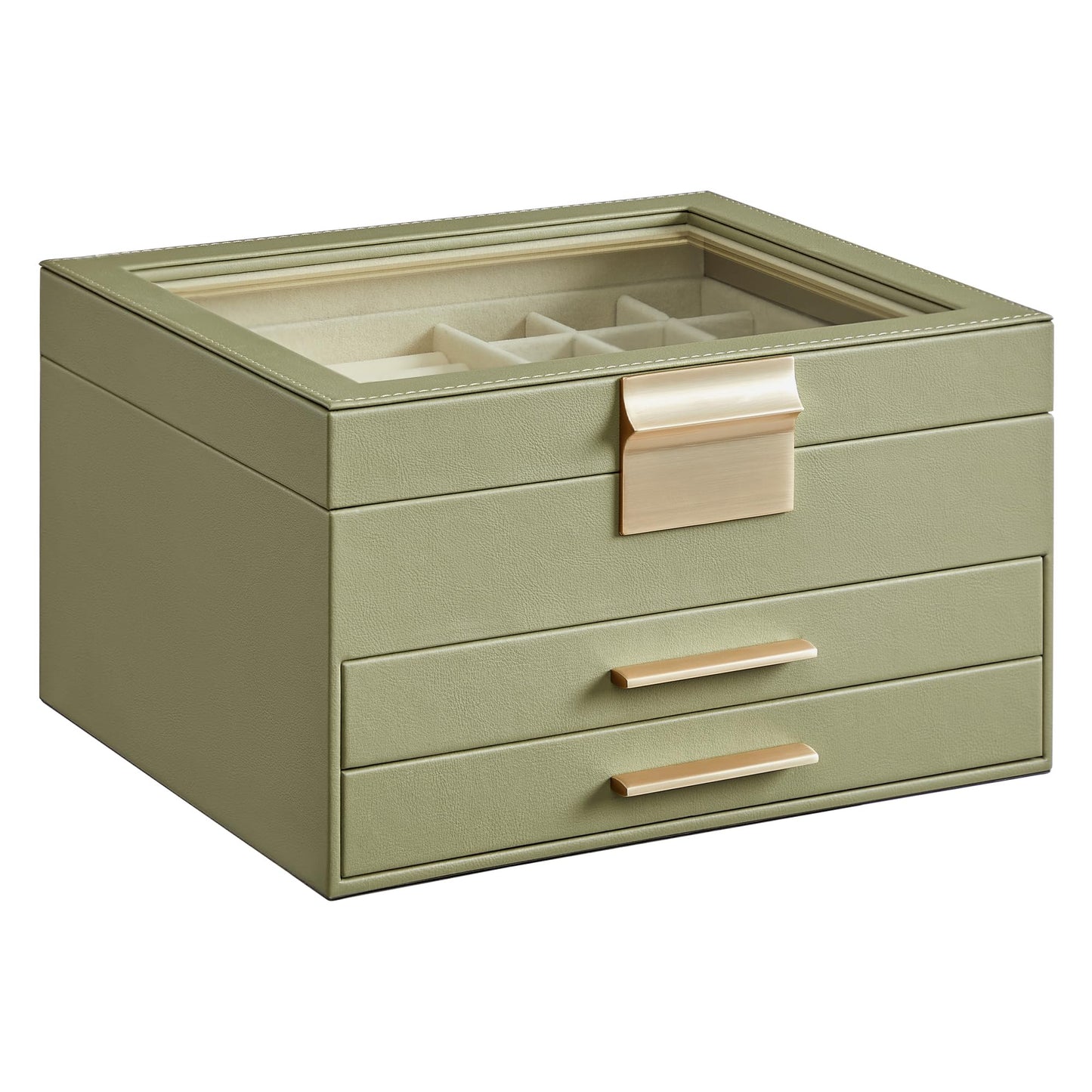 SONGMICS GISELLA Collection - Jewelry Box Organizer, 3-Layer Jewelry Storage with 2 Drawers, Shiny Metal Hardware, Glass Lid, Modern, 8 x 9.1 x 5.3 Inches, Avocado Green and Gold Color UJBC239C02