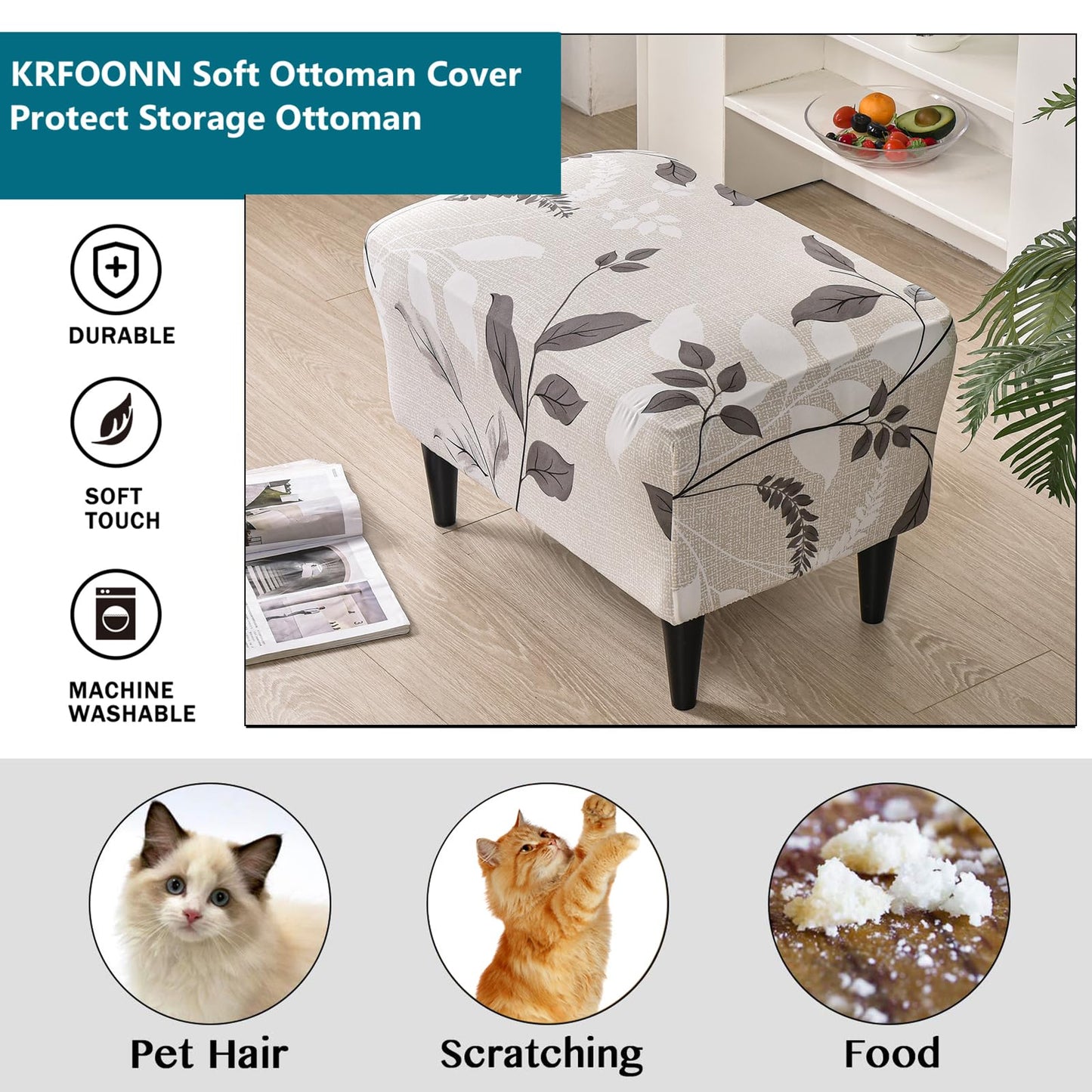 KRFOONN Ottoman Slipcovers Stretch Rectangle Footrest Stool Covers Printed Ottoman Cover for Foot Stool Furniture Protector with Non Slip Elastic Bottom(22, X-Large)
