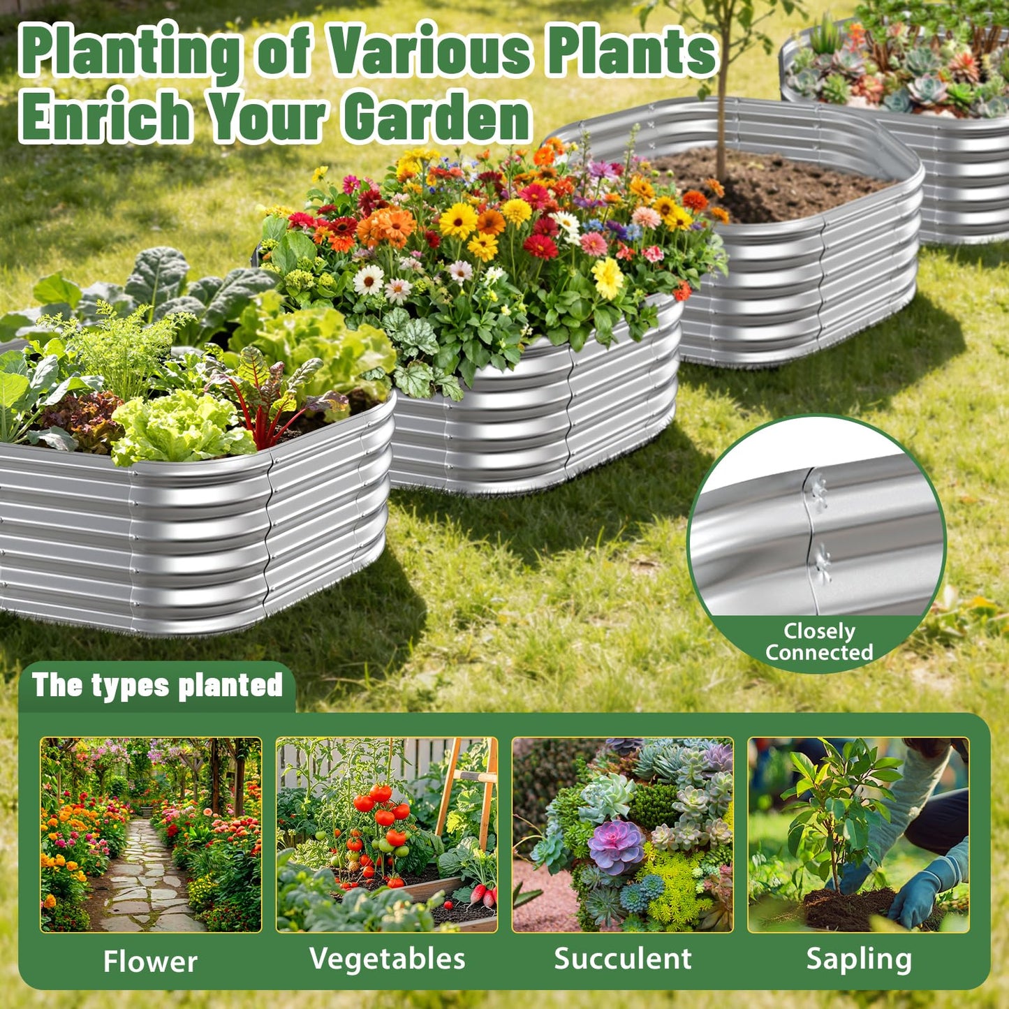 VAMFUTRE Hexagon Raised Garden Bed, 48 Inch Diagonal & 16.5 Inch Tall, Galvanized Steel Planter Box with Wave-Shaped Metal Panels for Outdoor Flower,Tree,Herb & Vegetable Garden (Silver, 4FT X 1.5FT)