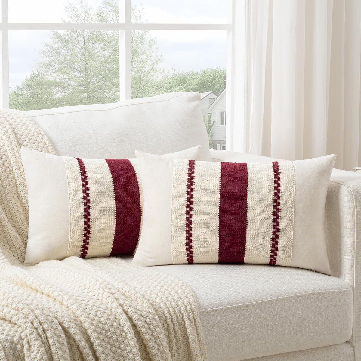 Fancy Homi Set of 1 Burgundy Boho Long Lumbar Decorative Throw Pillow Cover 14x24 Inch for Couch Bed Sofa, Aesthetic Modern Farmhouse Christmas Room Decor, Soft Cotton Cute Wind Red Cushion Case