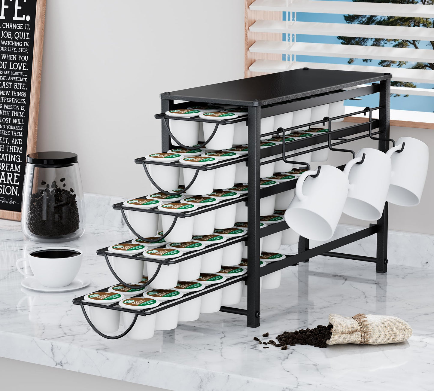 HFHOME Coffee Pod Holder For Counter, Pod Holder for K-cups, 5-tier Metal Coffee Capsule Storage Drawer, 70 Capacity Pods Organizer for Cafe Counter, Home, Office or Kitchen,3 cup rack, Black