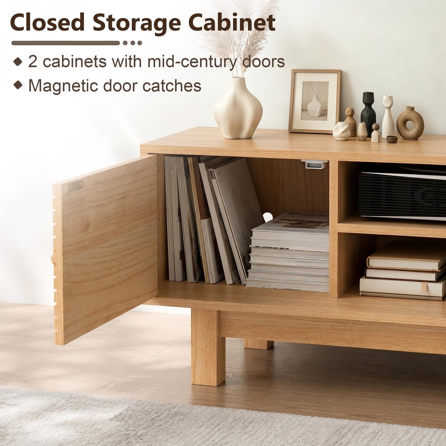 YOSHOOT Mid Century TV Stand for 55 inch TVs, Modern Entertainment Center with Storage Cabinets, Solid Wood Media Console with Open Shelves for Living Room & Bedroom, Natural