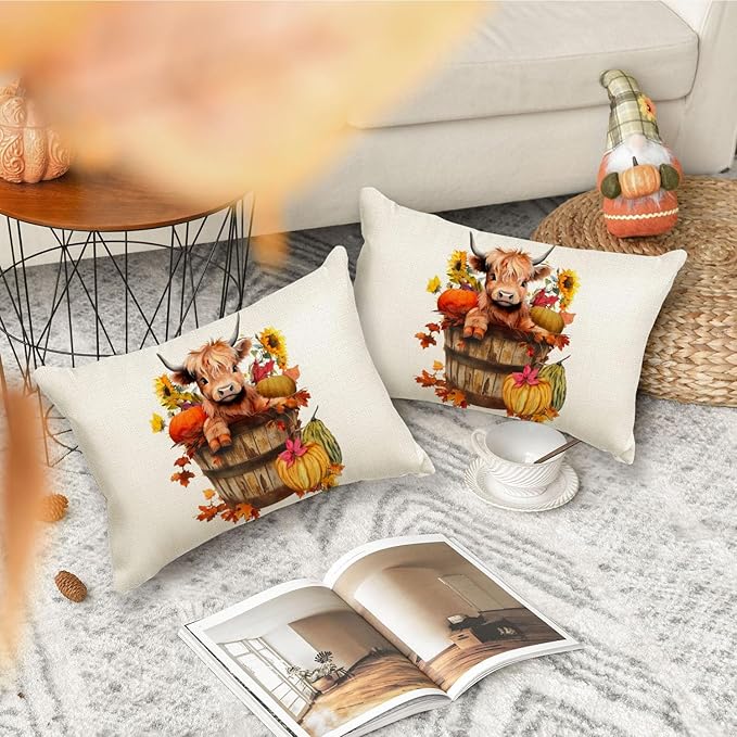 RABUSOFA Fall Decor Pillow Covers 12x20 Inch Lumbar Highland Cow Autumn Fall
