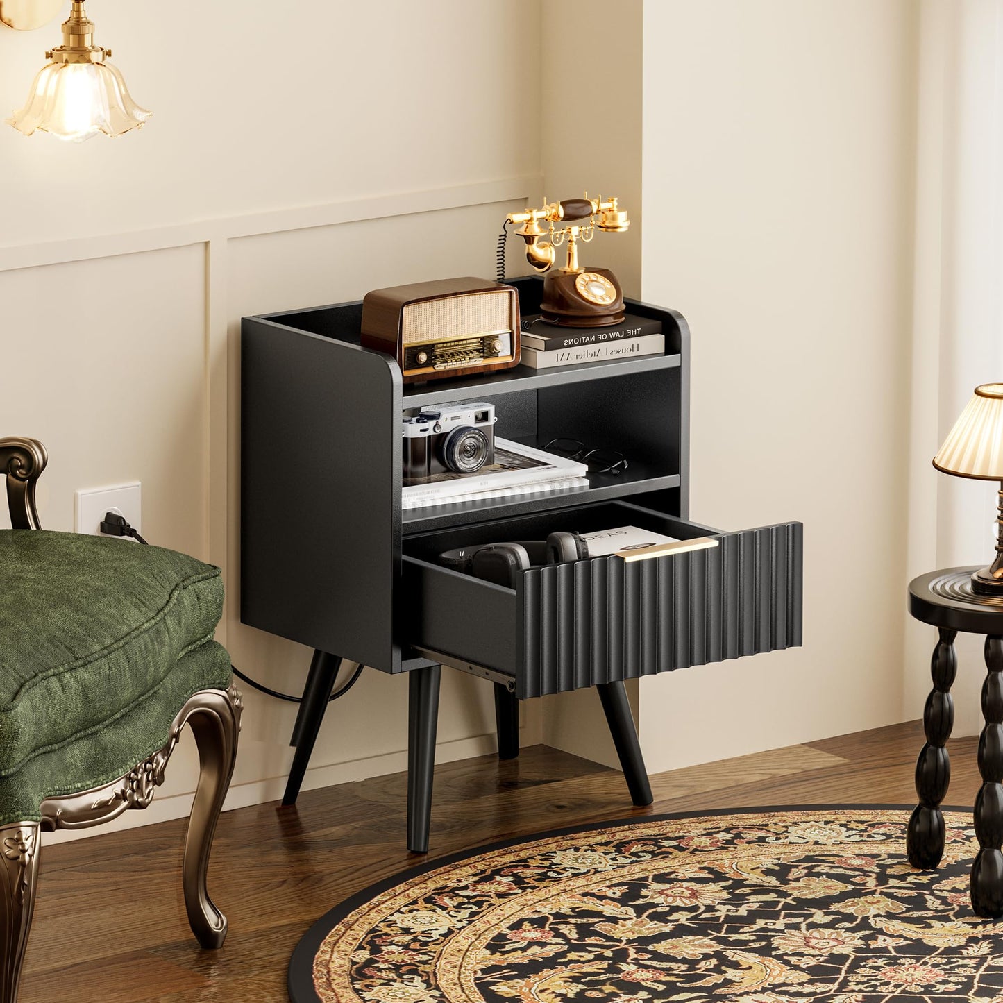 Huuger Nightstand with Charging Station, USB-C Port, Fluted Night Stand with Drawer, Bed Side Table with Solid Wood Feet, Open Storage, End Table with Raised Edge, for Bedroom, Black