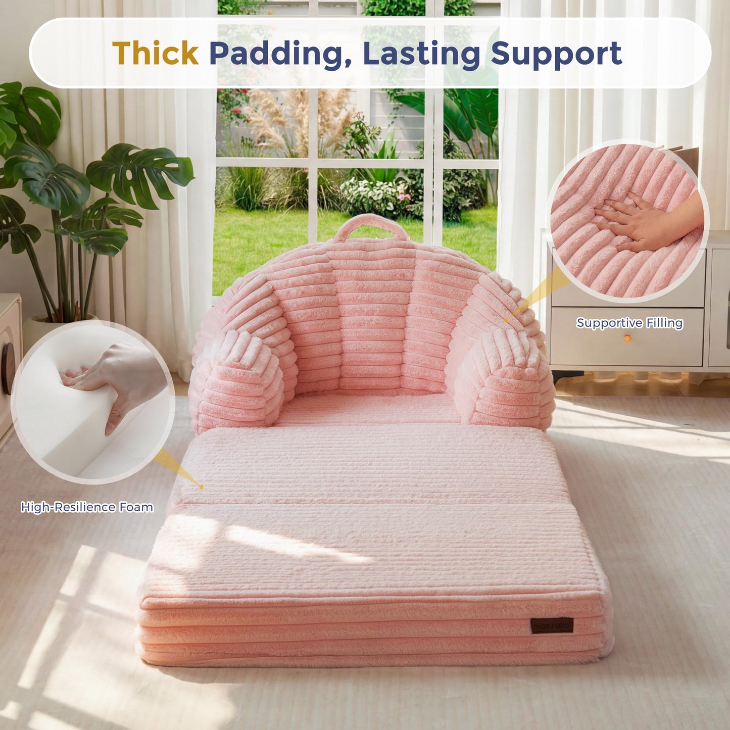 MAXYOYO Folding Sofa Bed, 2 in 1 Convertible Sofa to Lounger Comfy Faux Fur Bean Bag Chair for Adults, Floor Single Couch Chair with Handle, Couch Bed for Living Room Bedroom, Pink