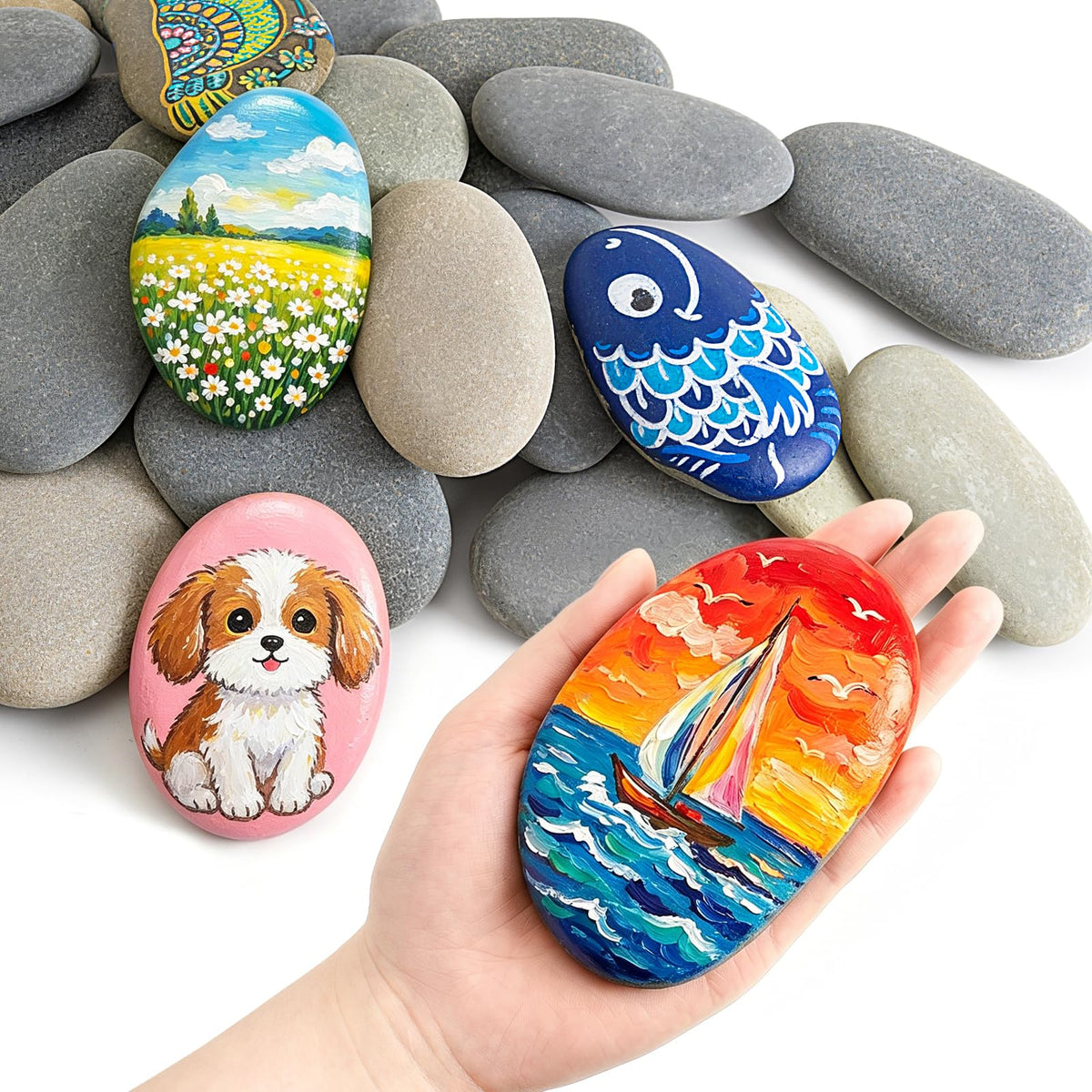 Simetufy 15 Pcs Large Rocks for Painting, 4-5 Inch River Rocks Painting Stones Smooth Flat Rocks for Painting, Natural Rocks to Paint for Arts DIY Crafts Kids Painters
