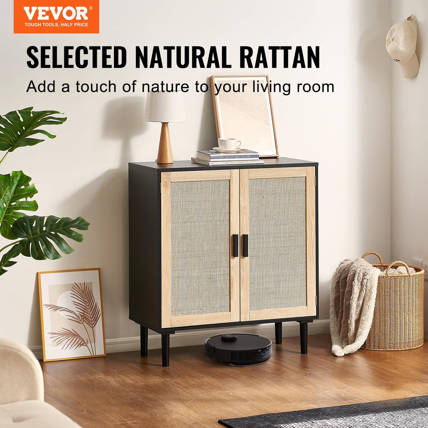 VEVOR Rattan Cabinet, Buffet Cabinet with Storage, Storage Cabinet with 2 Magnetic Doors and Adjustable Shelves, Sideboard Buffet for Hallway, Entryway, Living Room, or Kitchen, Black
