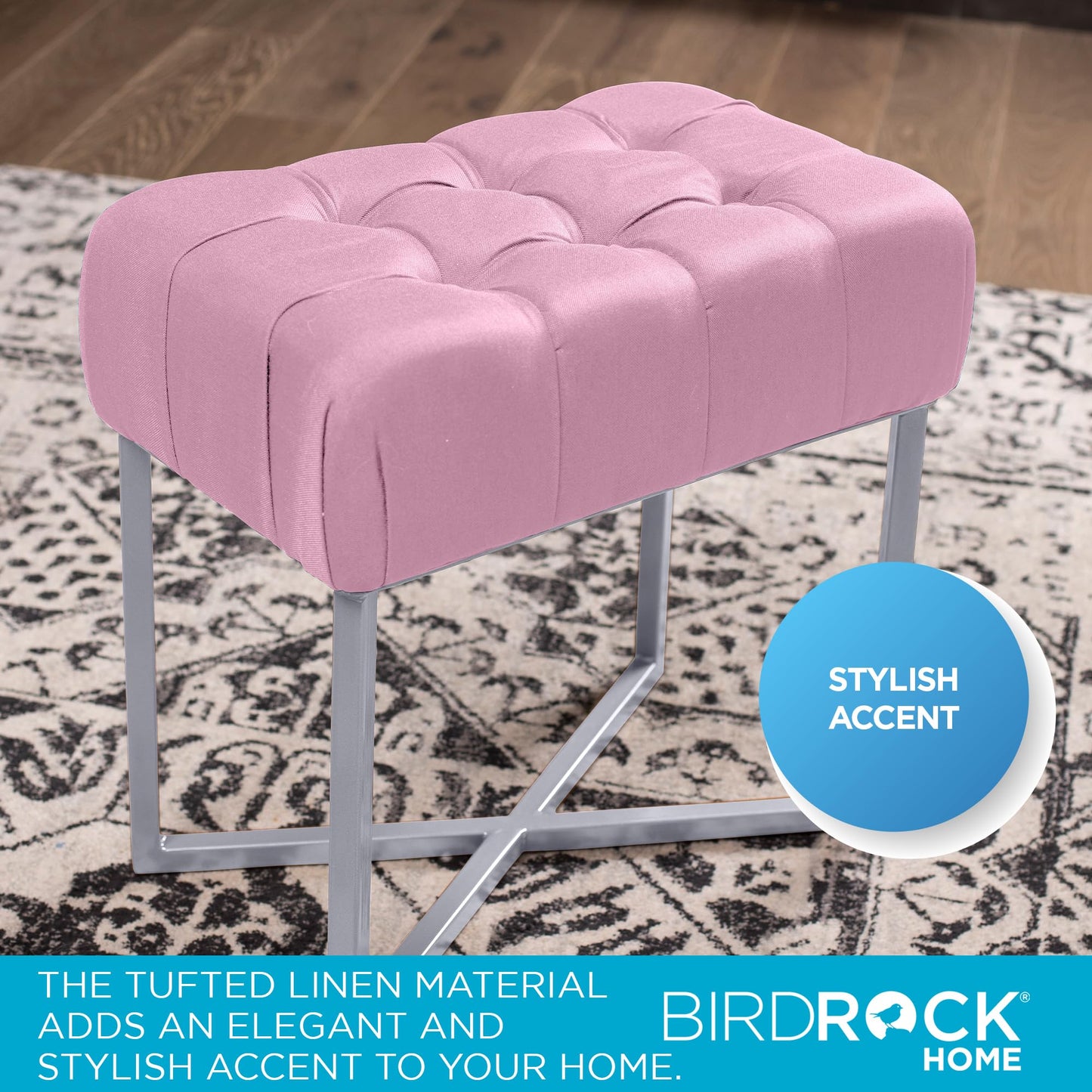 BIRDROCK HOME Rectangle Tufted Linen Ottoman Foot Rest - 19.7x11.82x17.73” Small Foot Stool with Legs - Padded Footrest Modern Ottomans for Living Room Furniture, Bedroom Footstool (Pink)