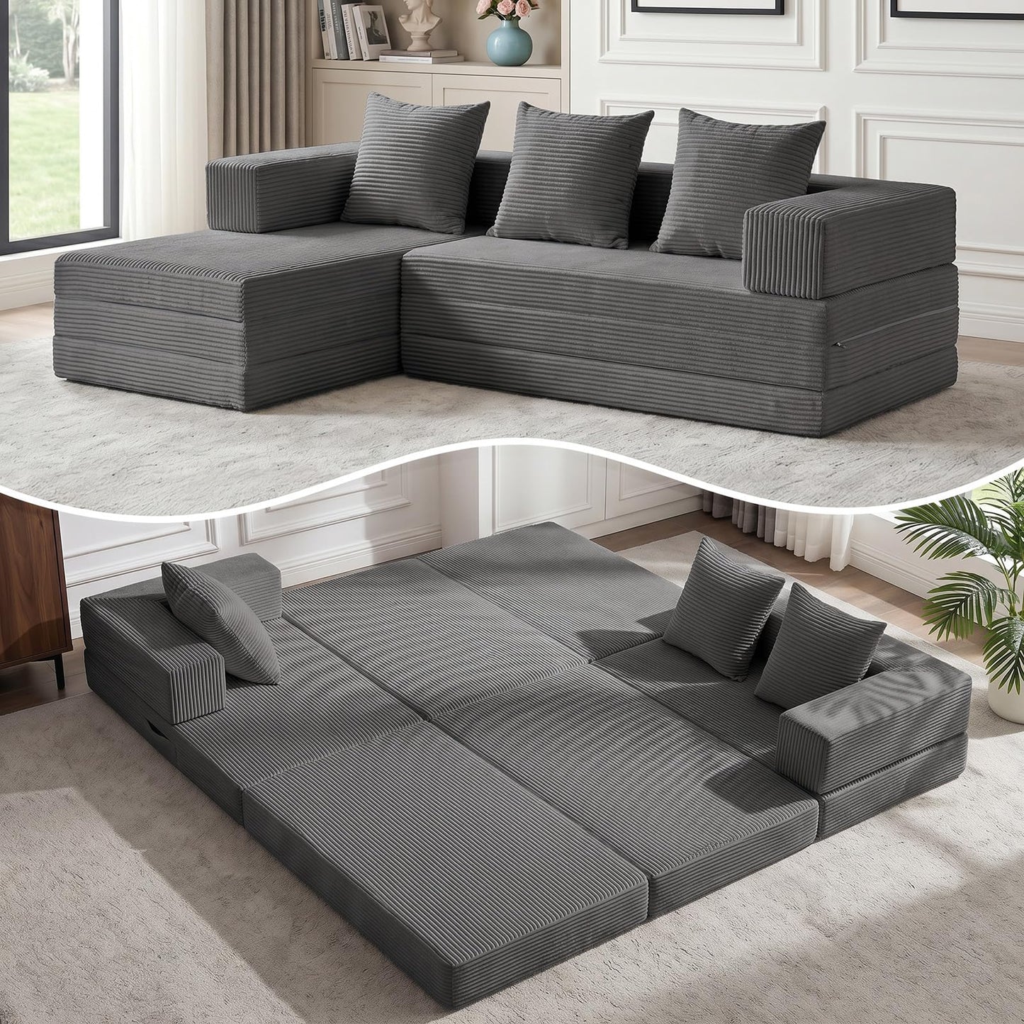 79" Modular Sectional Sofa, Boneless Convertible Sleeper Sofa Bed, Modern Tri-Folding Cloud Couch with L-Shape Chaise, Corduroy Futon for Living Room Small Spaces Apartment, No Assembly,Grey