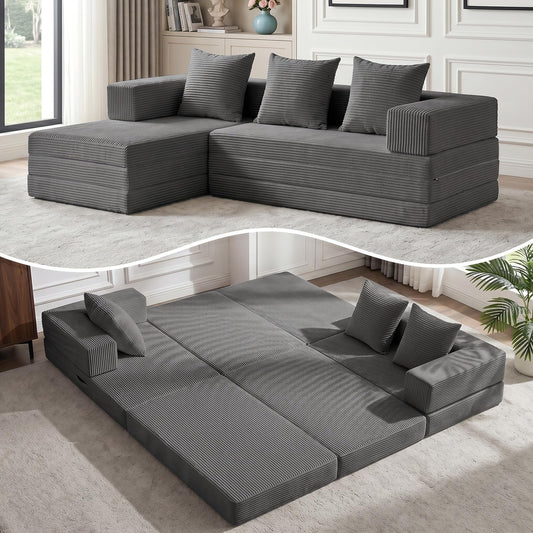 79" Modular Sectional Sofa, Boneless Convertible Sleeper Sofa Bed, Modern Tri-Folding Cloud Couch with L-Shape Chaise, Corduroy Futon for Living Room Small Spaces Apartment, No Assembly,Grey