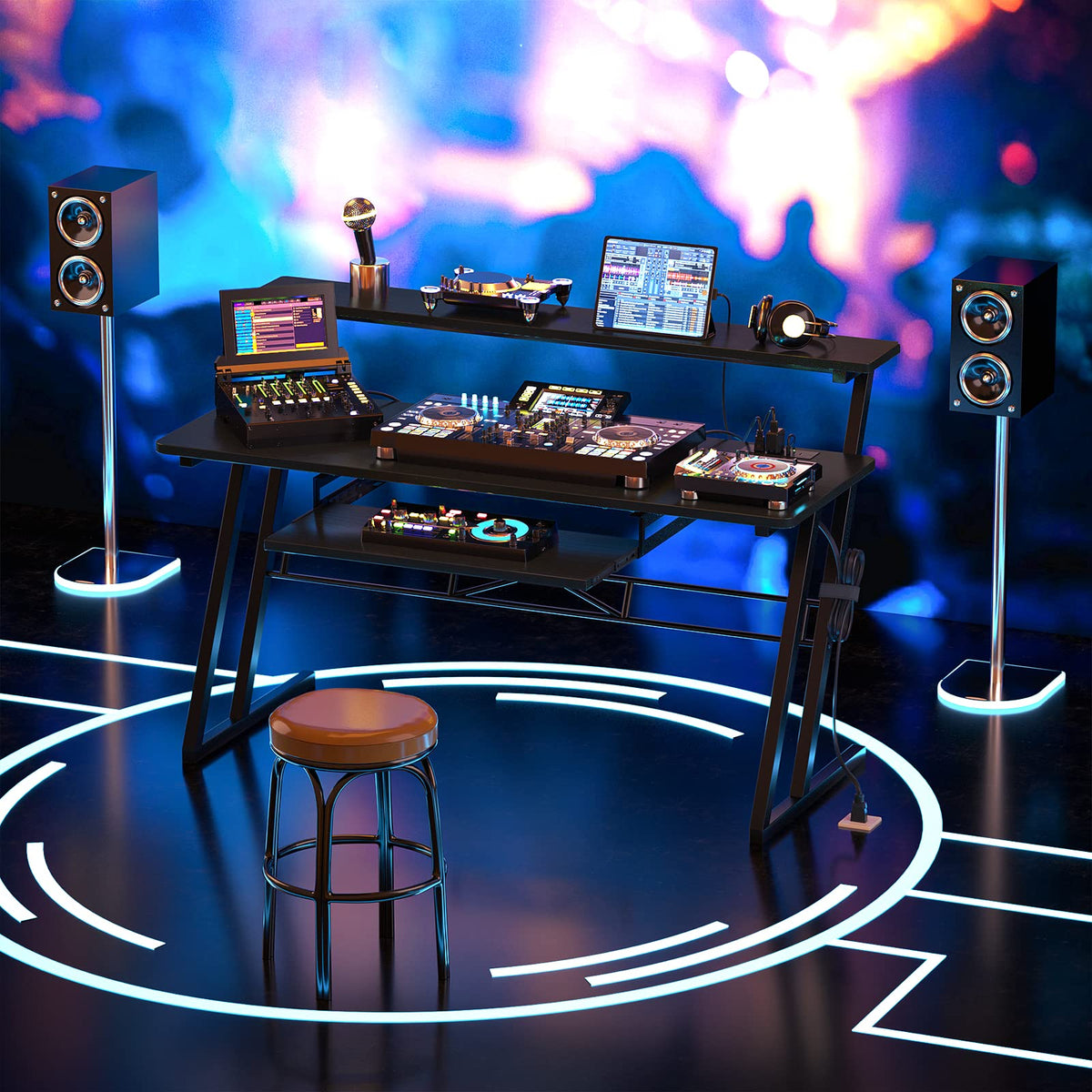Music Studio Desk Production Workstation - Recording Studio Desk for Producer with Power Outlet, Studio Workstation for Music Recording, Home Studio Table Desk, Black