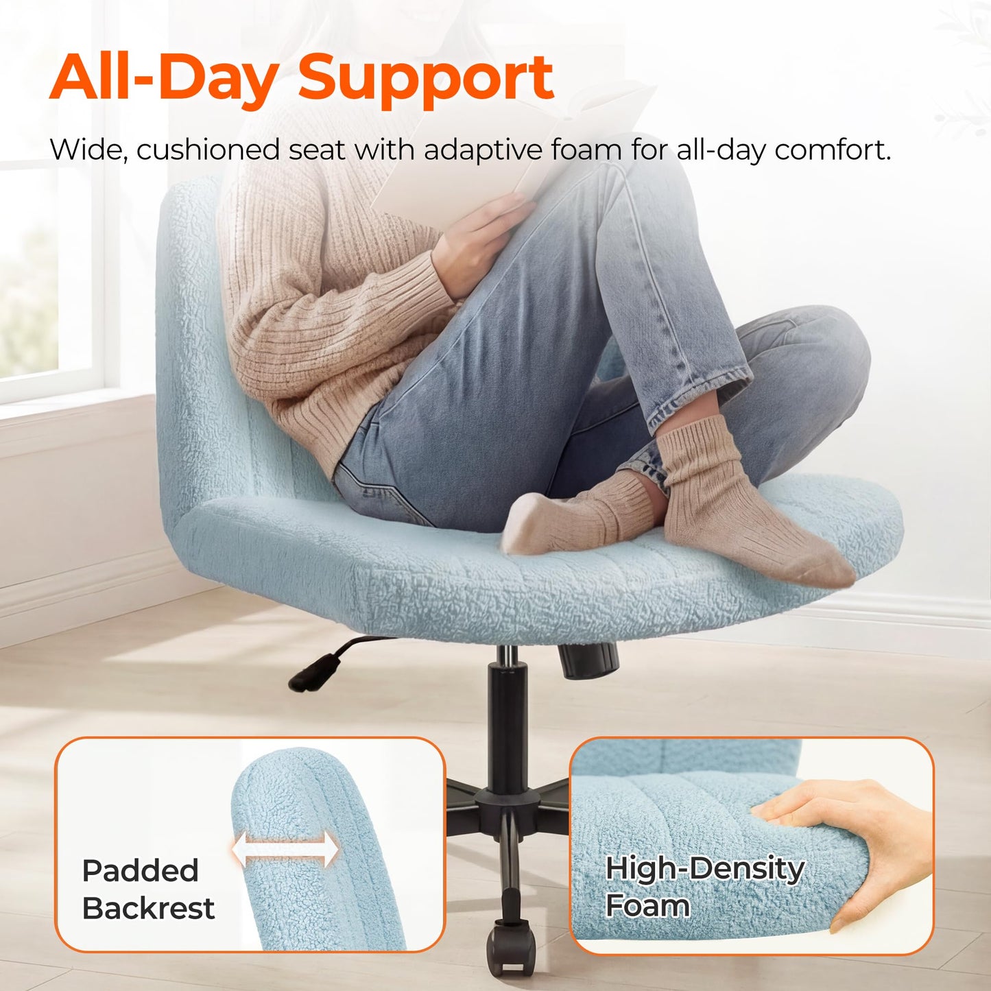 Orange Factory Criss Cross Chair Wheels Vanity Chair Office Desk Comfy Wide Cross Legged Armless Teddy Fabric Adjustable Swivel for Home Computer Task (Blue, Teddy Fleece)
