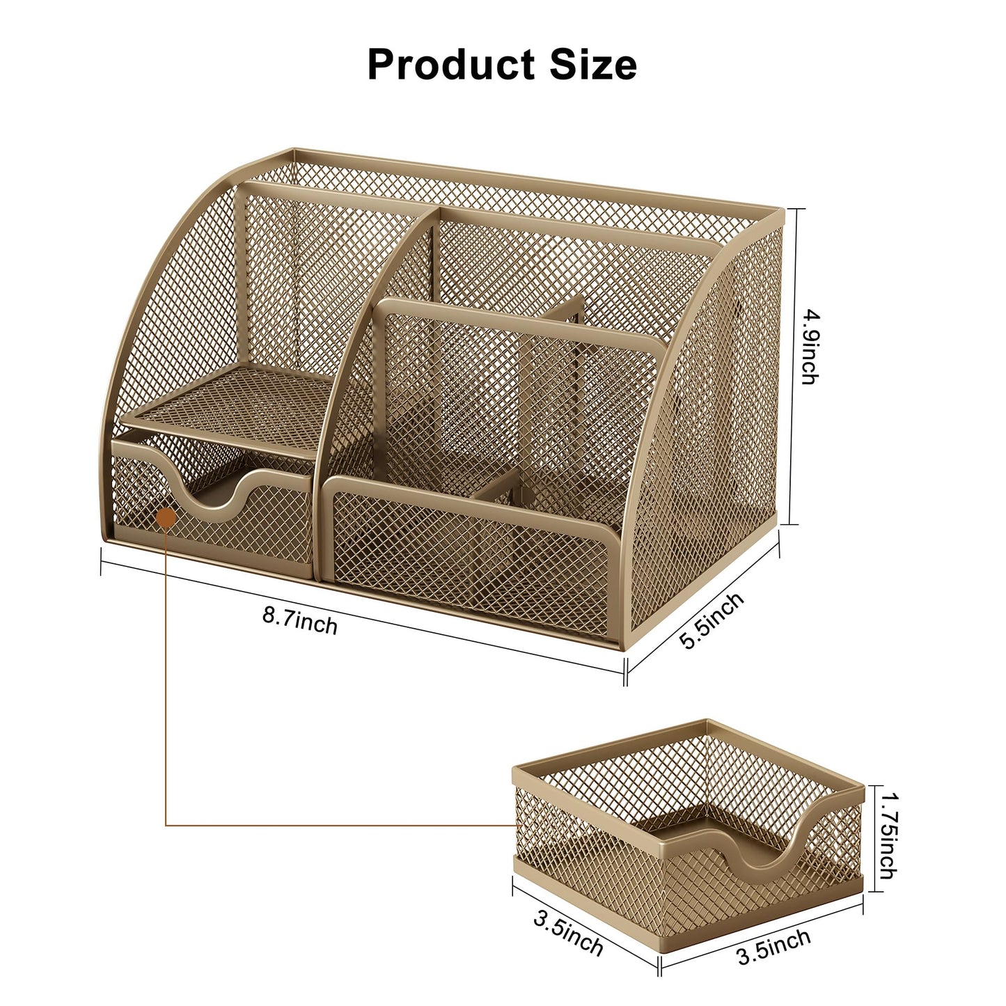 EasyPAG Mesh Desk Organizer with Drawer Multi-functional Pen Holder Stationery Organizer for Office School Supplies 6 Compartments Dorm Organizers and Storage for Desk, Gold