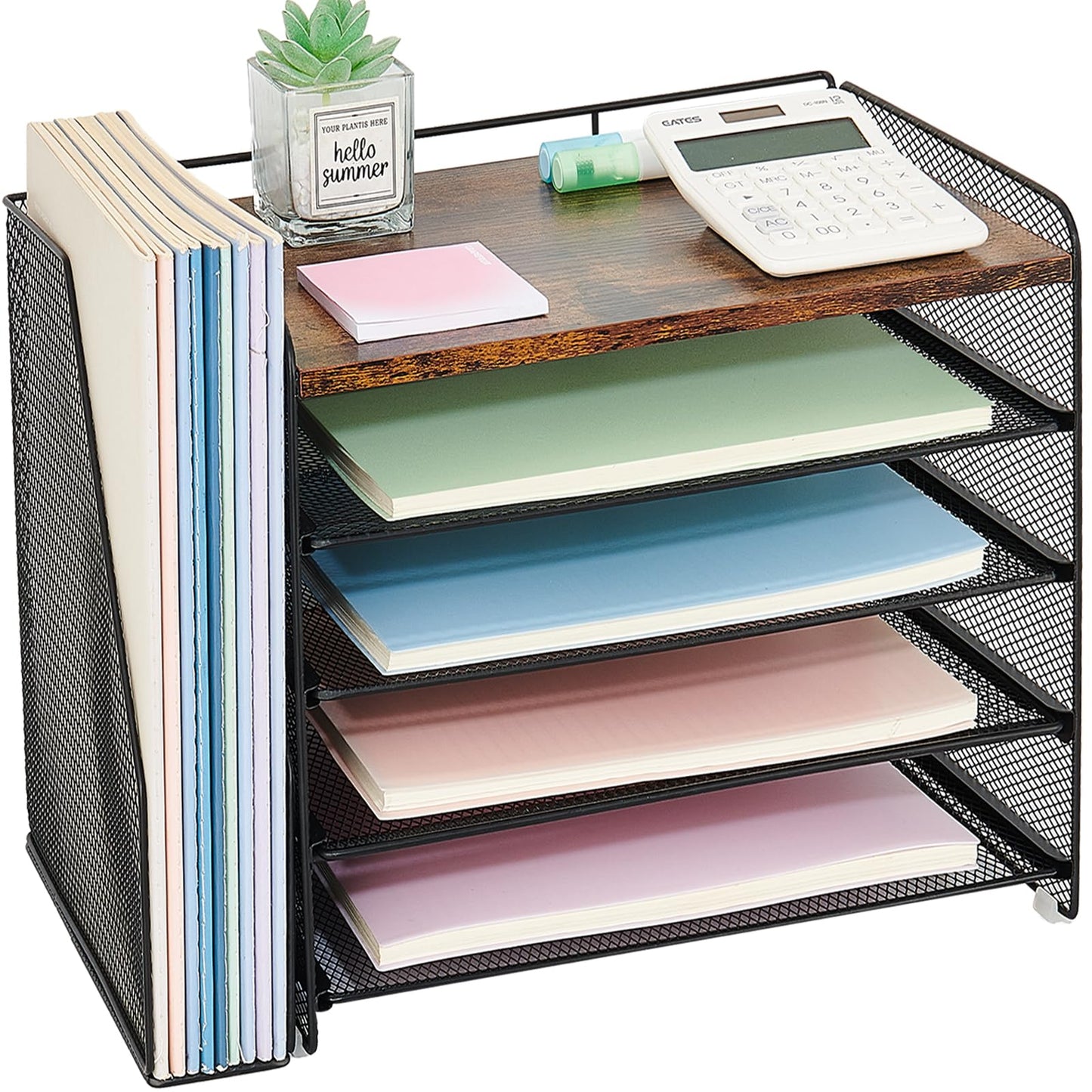 OPNICE Desk Organizer, 5-Tier Paper Organizer Letter Tray with Magazine Holder, Office Desk Accessories & Workspace Organizers, Desktop File Organizer for Office Supplies Storage, Wood