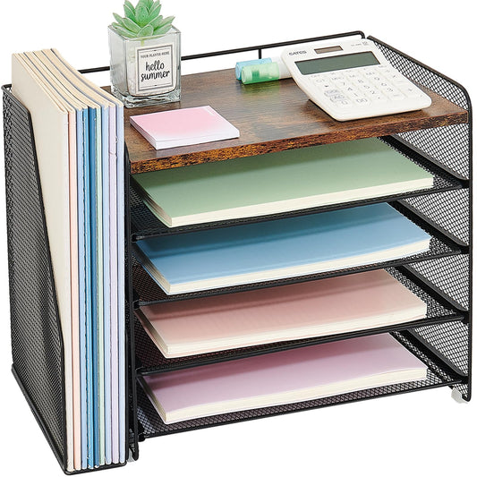 OPNICE Desk Organizer, 5-Tier Paper Organizer Letter Tray with Magazine Holder, Office Desk Accessories & Workspace Organizers, Desktop File Organizer for Office Supplies Storage, Wood