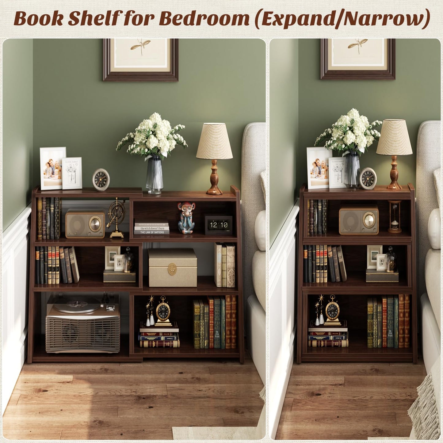Armocity Expandable Bookshelf, Short Corner Bookshelf for Small Spaces, Small Ladder Book Shelf, Extendable Wood Narrow Bookcase for Living Room, Bedroom, 4 Tier, Black Walnut