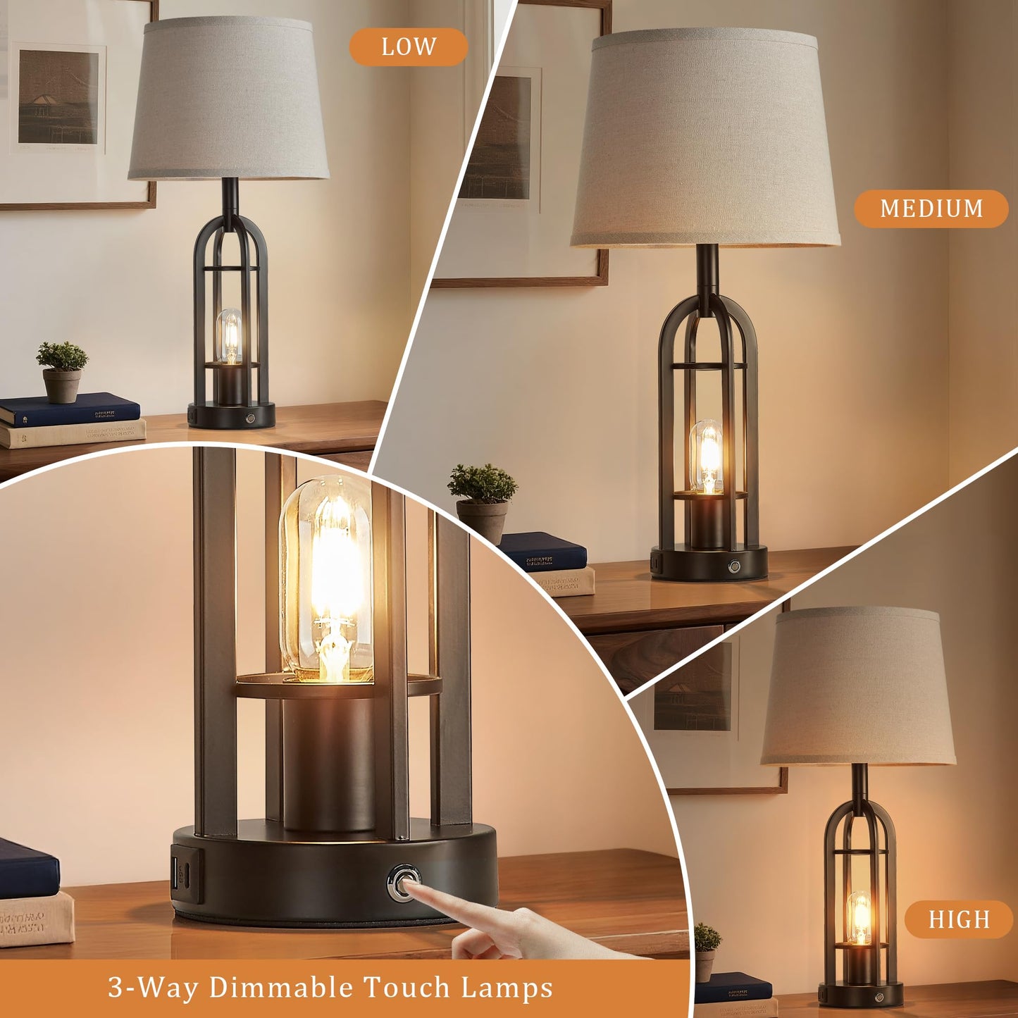 SRJJA 24" Table Lamps for Living Room Set of 2, Farmhouse Industrial 3-Way Dimmable Touch Bedside Lamps with USB A+C for Bedroom Nightstand，4 Bulbs Included