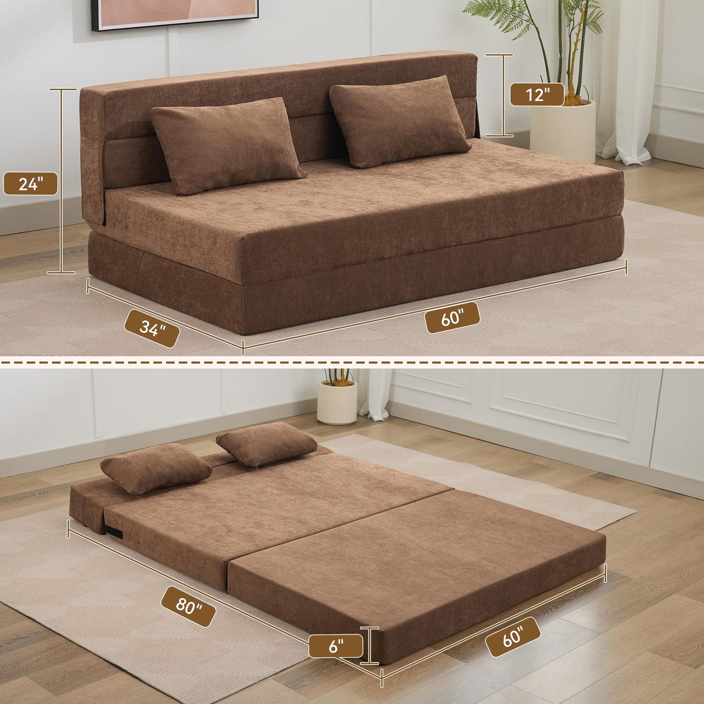 WUTUTUEE Folding Sofa Bed Floor Couch with Pillow, Foldable Chair Bed Convertible Linen Sleeper Chair Futon,Foldable Memory Foam Mattress for Bedroom/Living Room/Dorm/Office (Brown, Queen)