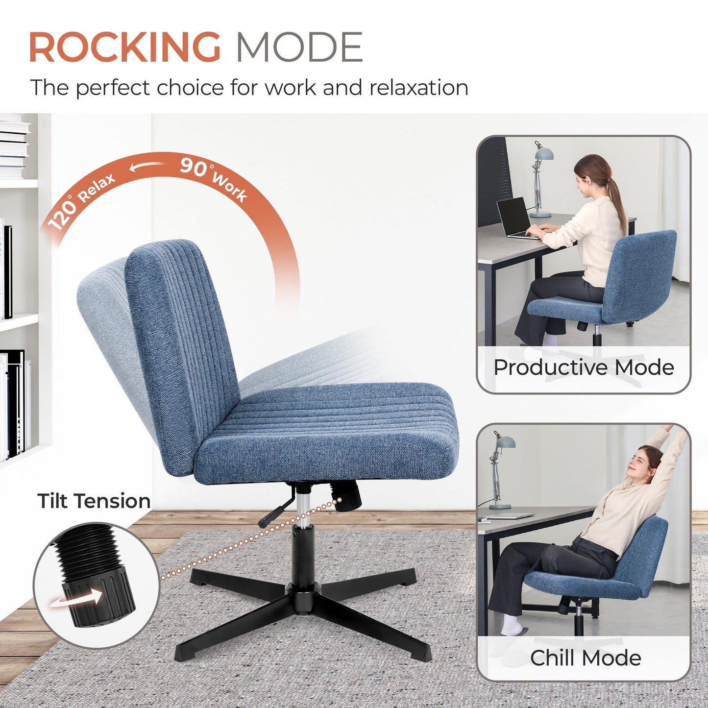 Orange Factory Criss Cross Chair No Wheel Wide Cross Legged Office Desk Vanity Chair Comfy Fabric Armless Adjustable Swivel for Home Computer Task (Blue No Wheel, Classic Fabric)