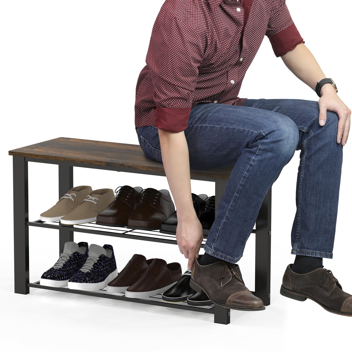 Simple Houseware Wood Top Shoe Storage Bench for Entryway, Rustic Brown
