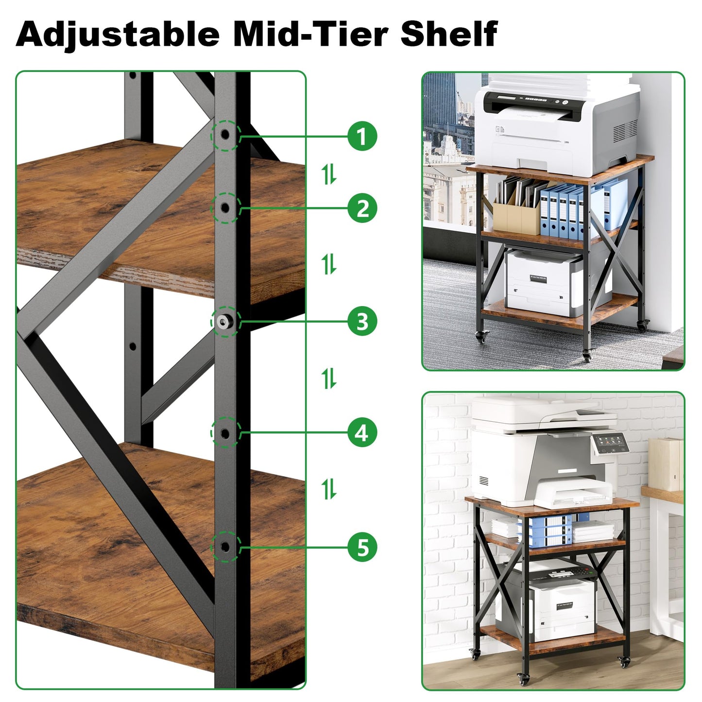 Ollieroo 3 Tier Printer Stand, Large Table with Wheels, Rolling Cart with Height Adjustable Middle Storage Shelf, 23.6 x 23.6 x 30.3 Inches Shelf for Home Office, Vintage Brown