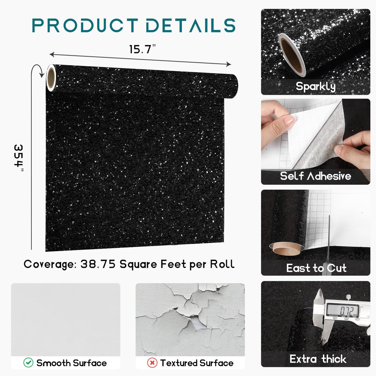 VEELIKE Luxury Black Chunky Glitter Peel and Stick Wallpaper 15.7''x354'' Self Adhesive Black Sequin Wallpaper for Bedroom Accent Wall Removable Glitter Fabric Vinyl Roll for Room Decor Furniture
