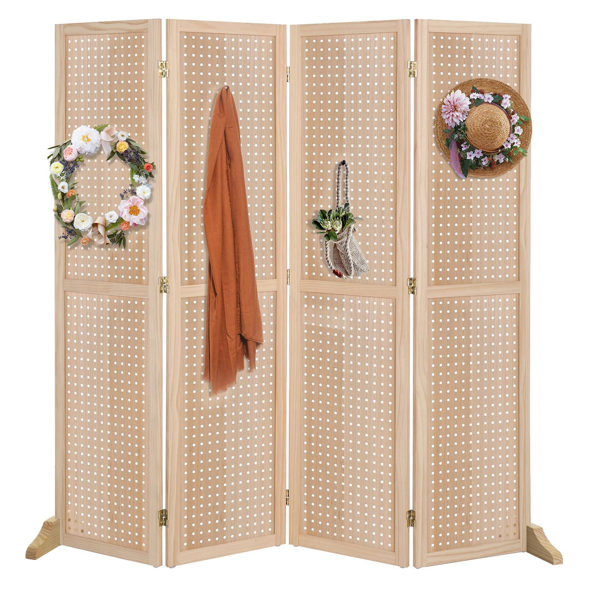 Bonnlo 4 Panel Pegboard Freestanding, 5 FT Portable Display Board Organizer for Craft Show Jewelry, Wooden Folding Privacy Screen Room Divider (with Base, Natural)