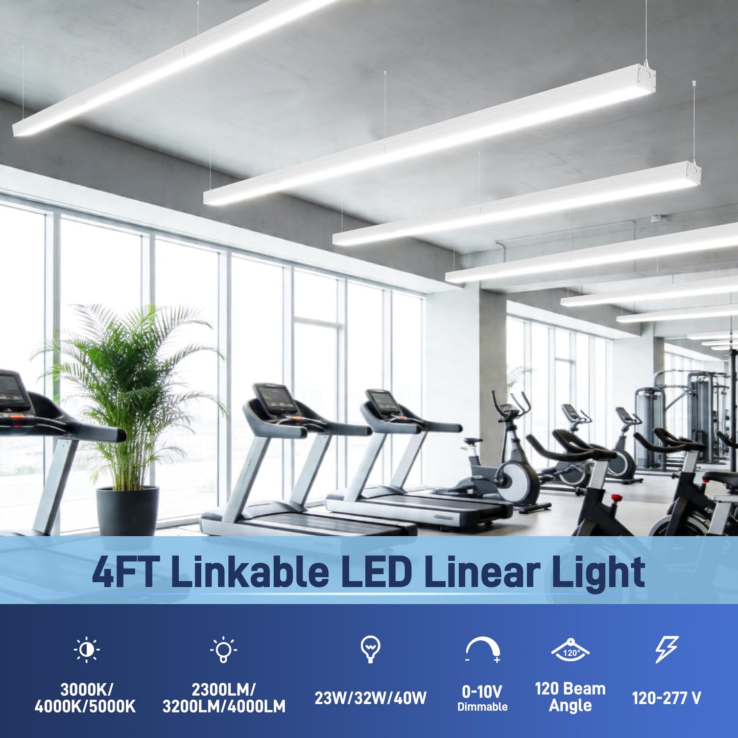 Hykolity 4FT LED Architectural Suspended Linear Channel Light Linkable, 23/32/40W 3000K/4000K/5000K CCT Selectable, Dimmable Office Lighting Fixture for Commercial Places, 4600lm, ETL, 4 Pack - Silver
