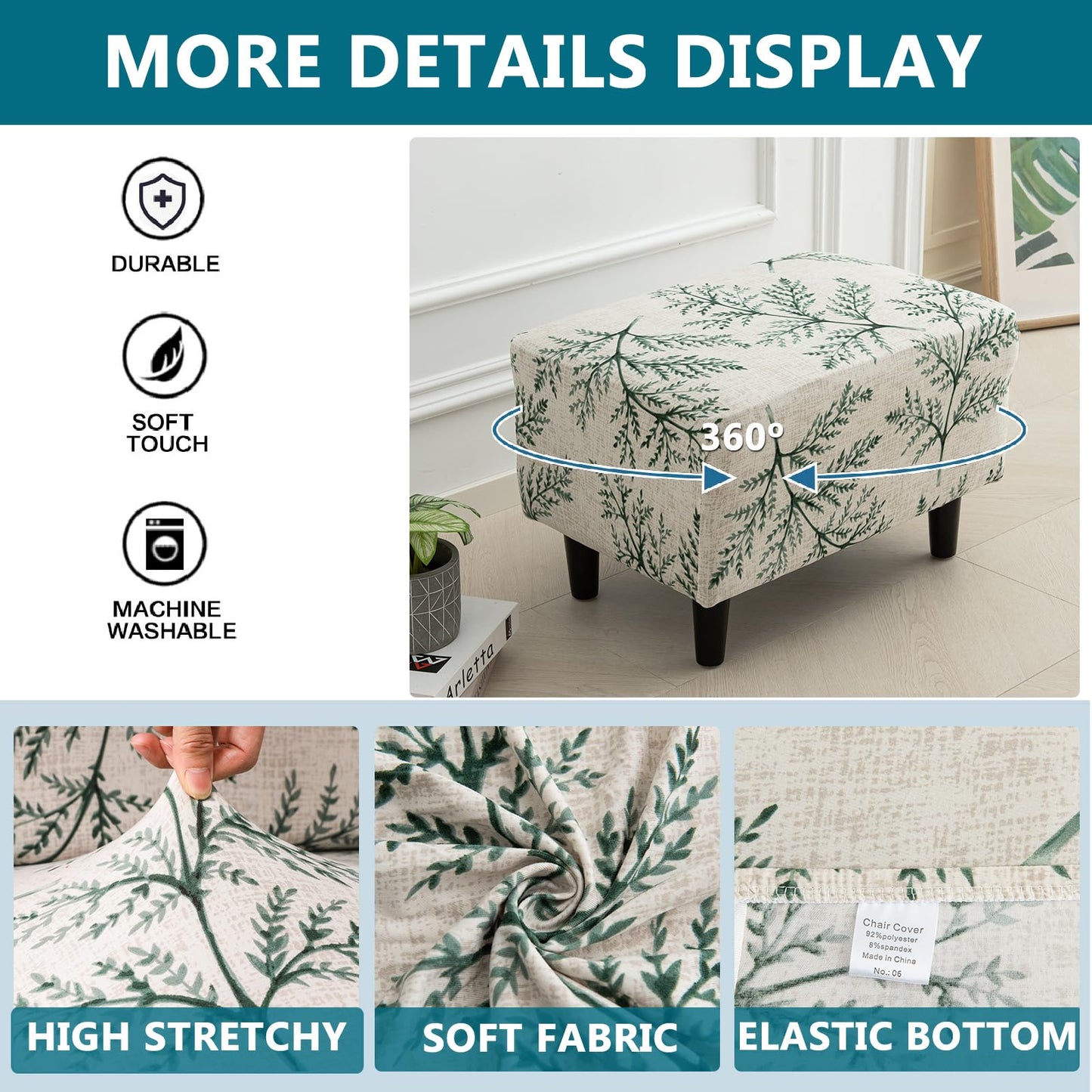 KRFOONN Ottoman Slipcovers Stretch Ottoman Cover Rectangular Footrest Sofa Slipcovers Stool Cover Printed Storage Footrest Stool Covers Furniture Protector with Non Slip Elastic Bottom (T2, X-Large)
