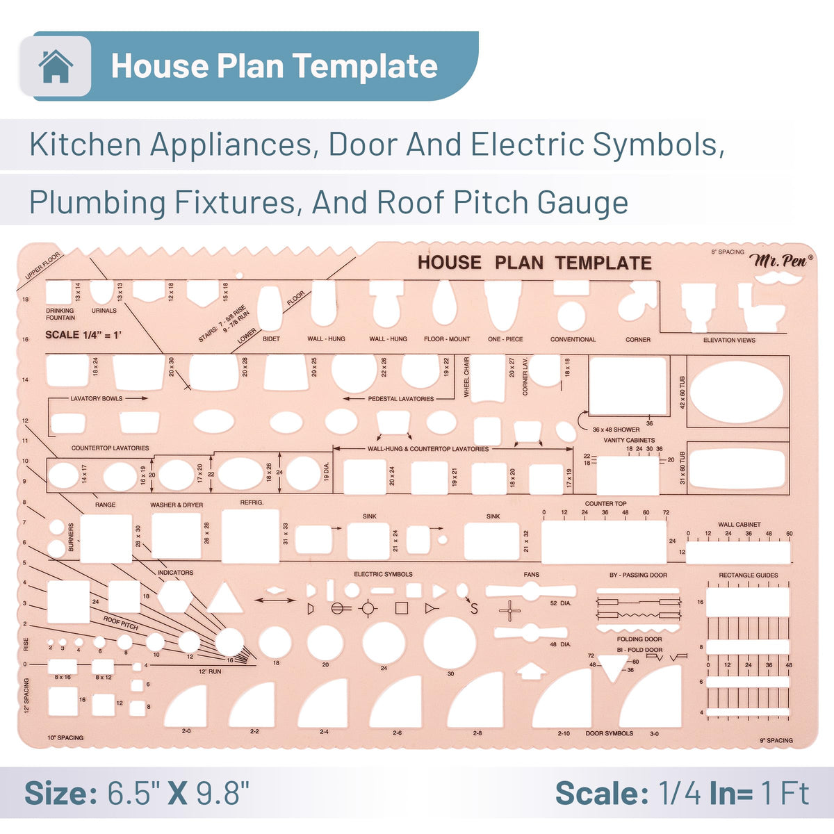 Mr. Pen- House Plan, 3 pcs, Interior Design and Furniture Templates, Clear Flexible Plastic, Drafting Tools, Ruler Shapes for Architecture, 1/4 Inch Scale, Kitchen, Bath, Bedroom, Office, Living Room