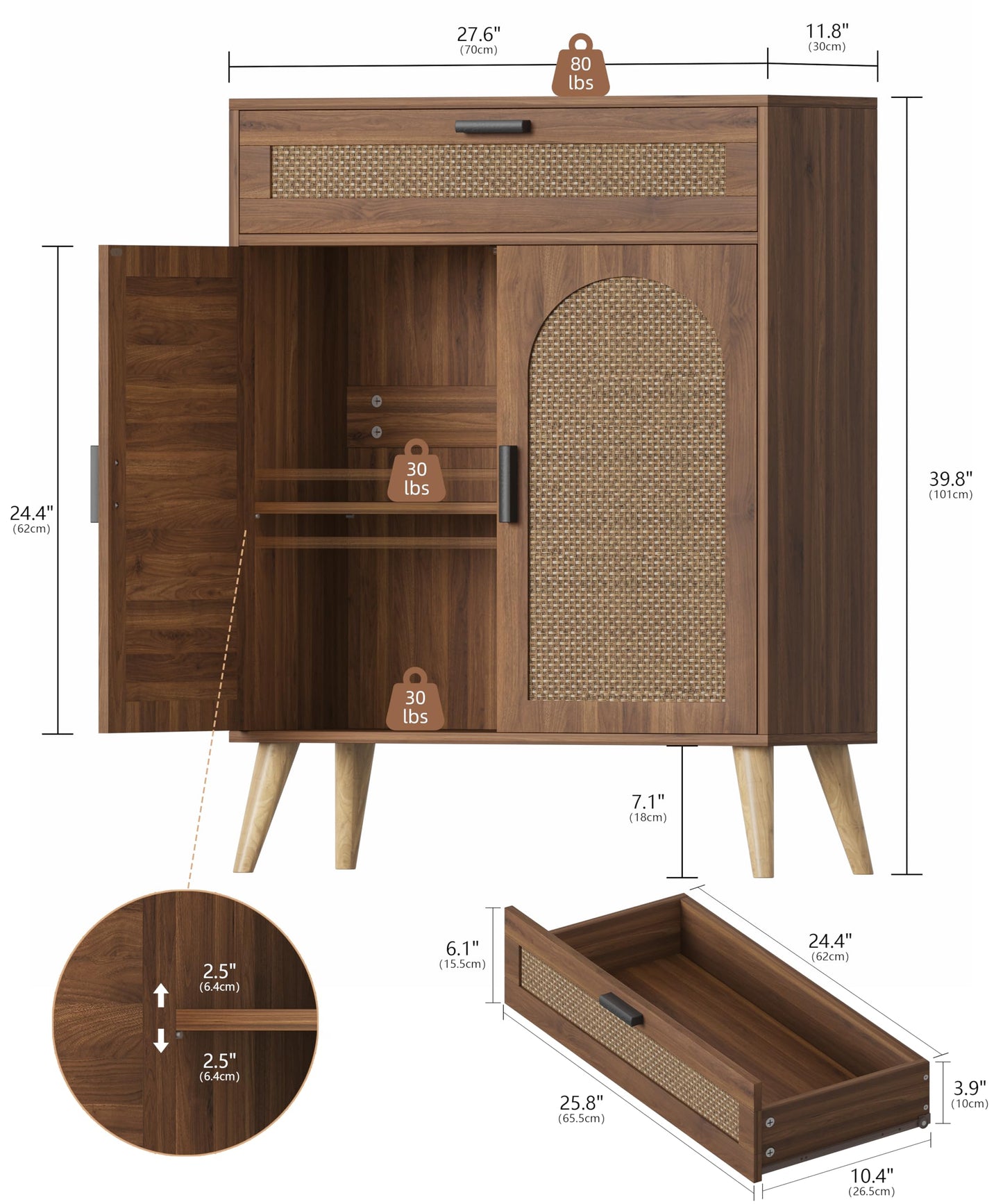 Kaiershi Rattan Buffet Cabinet with Storage, Sideboard with Drawer & Adjustable Shelf, Accent Kitchen Floor Storage Cabinet with 2 Doors & Solid Wood Feet, Coffee Bar for Living Room, Entryway, Walnut