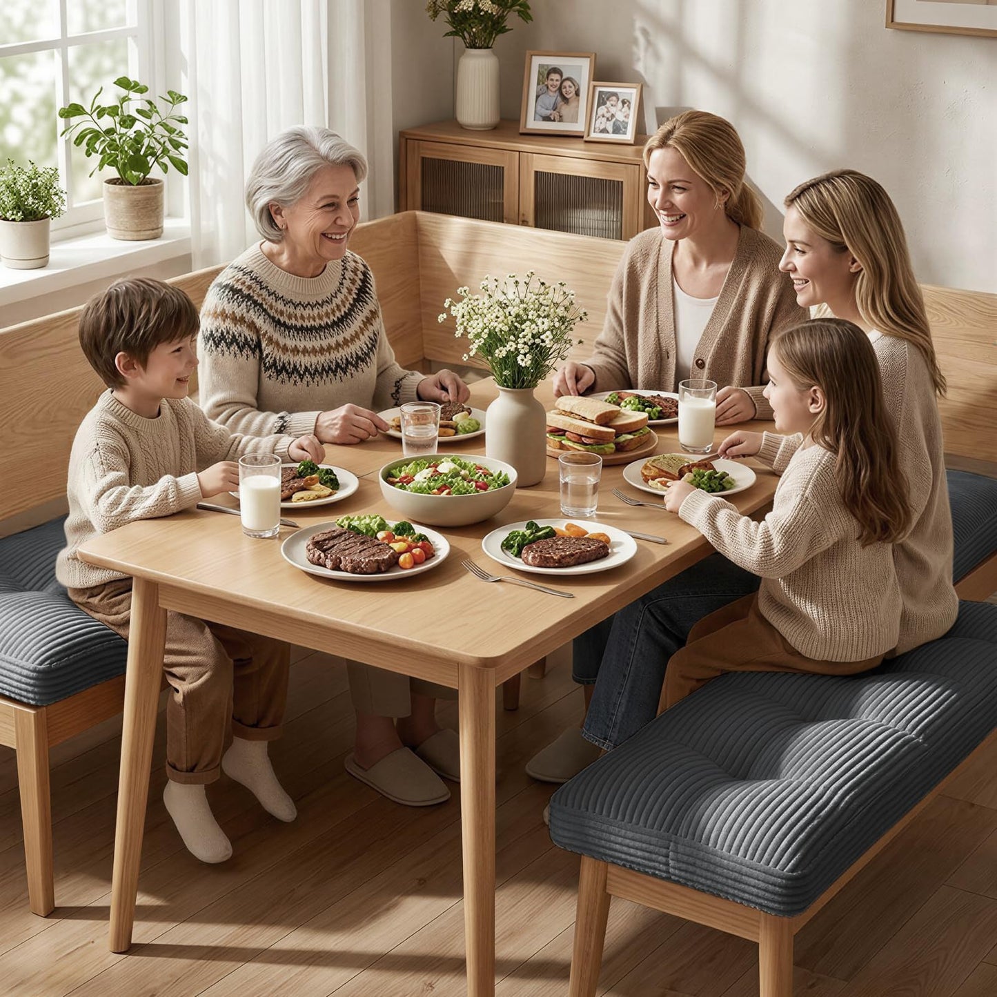 CEAWTUMY Breakfast Nook Cushion Set, 4 Pcs Comfortable Corduroy Nooks Bench Cushions, Non-Slip Anti-Shift Kitchen Nook Cushion for Dining Corner(Grey)