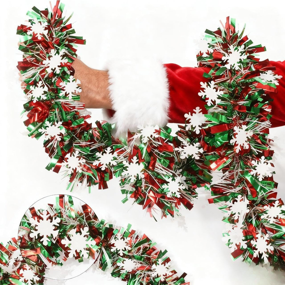 32.8Ft Christmas Snowflake Tinsel Garland, Red Silver Green with Snow Flake Chunky Glittery Holiday Hanging Tinsel Decorations for Christmas Tree (394, Inches, Christmas Snowflake Tinsel Garland)